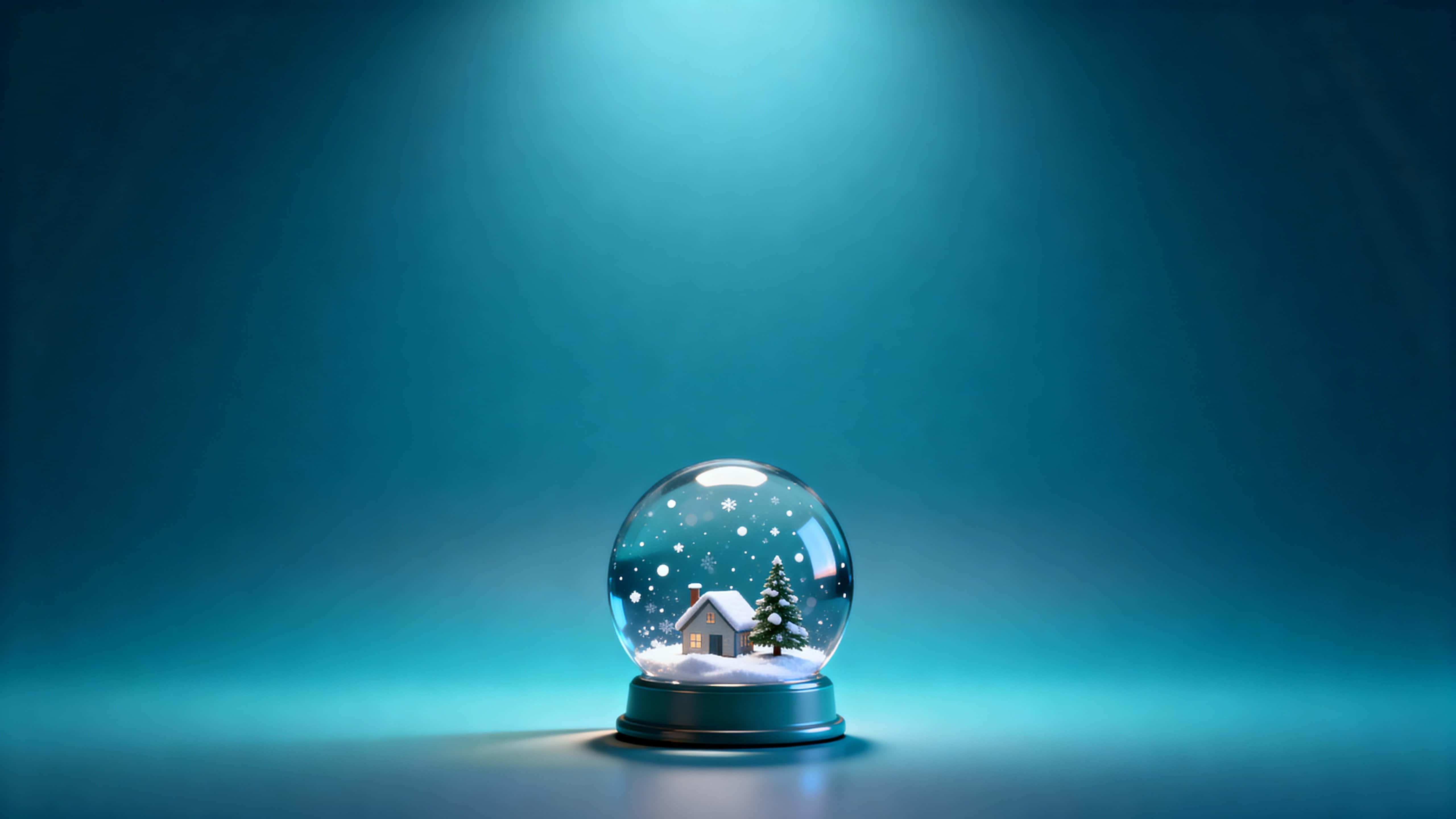 A polished 3D snow globe with a tiny house, small Christmas tree, and suspended snow sits low-center against a soft teal-to-midnight-blue gradient, leaving ample empty space.