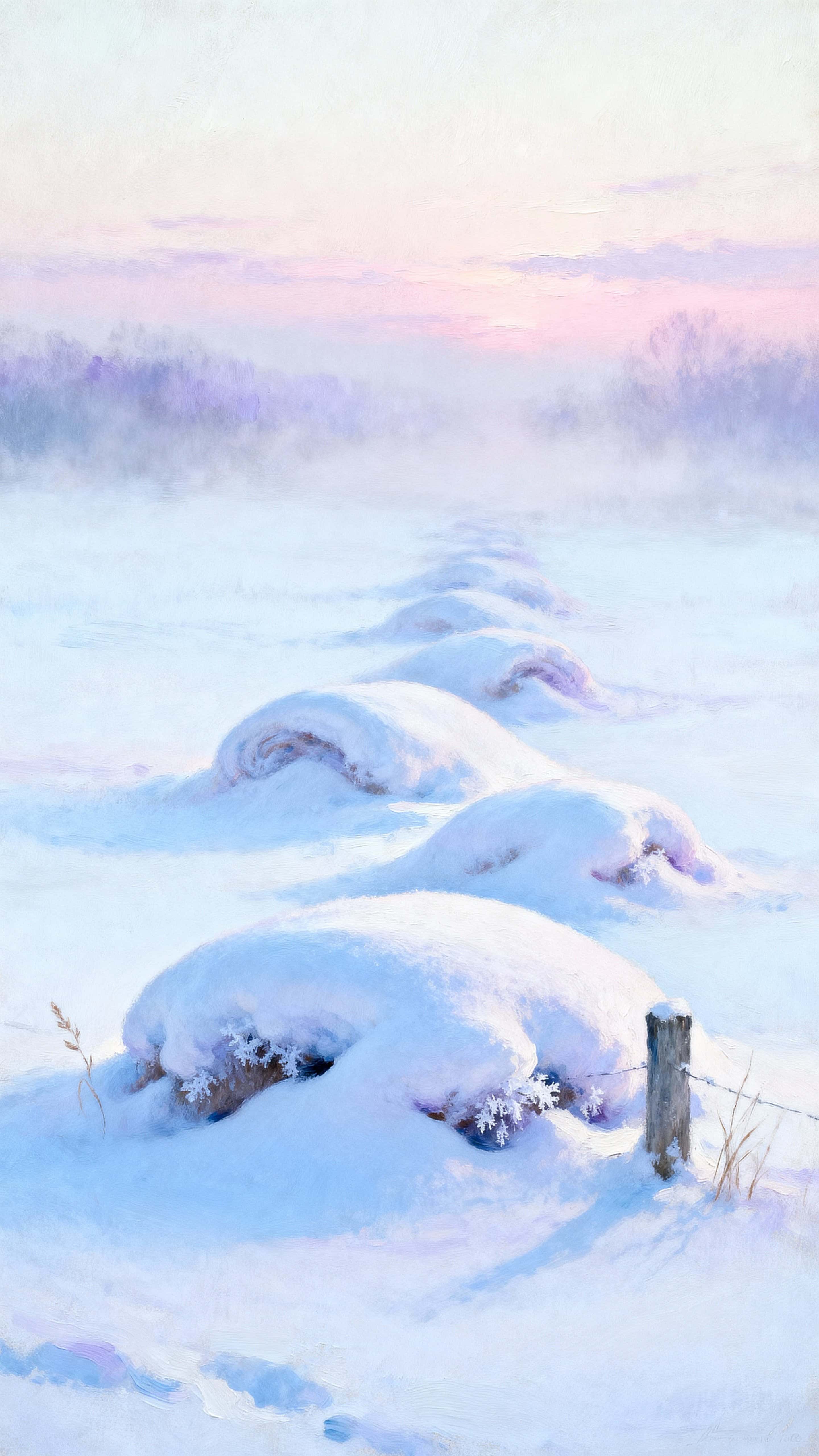 A vertical scene of small cotton-candy snow hills bathed in soft pastel light with a calm, airy mood and clean surfaces for a minimalist winter portrait.
