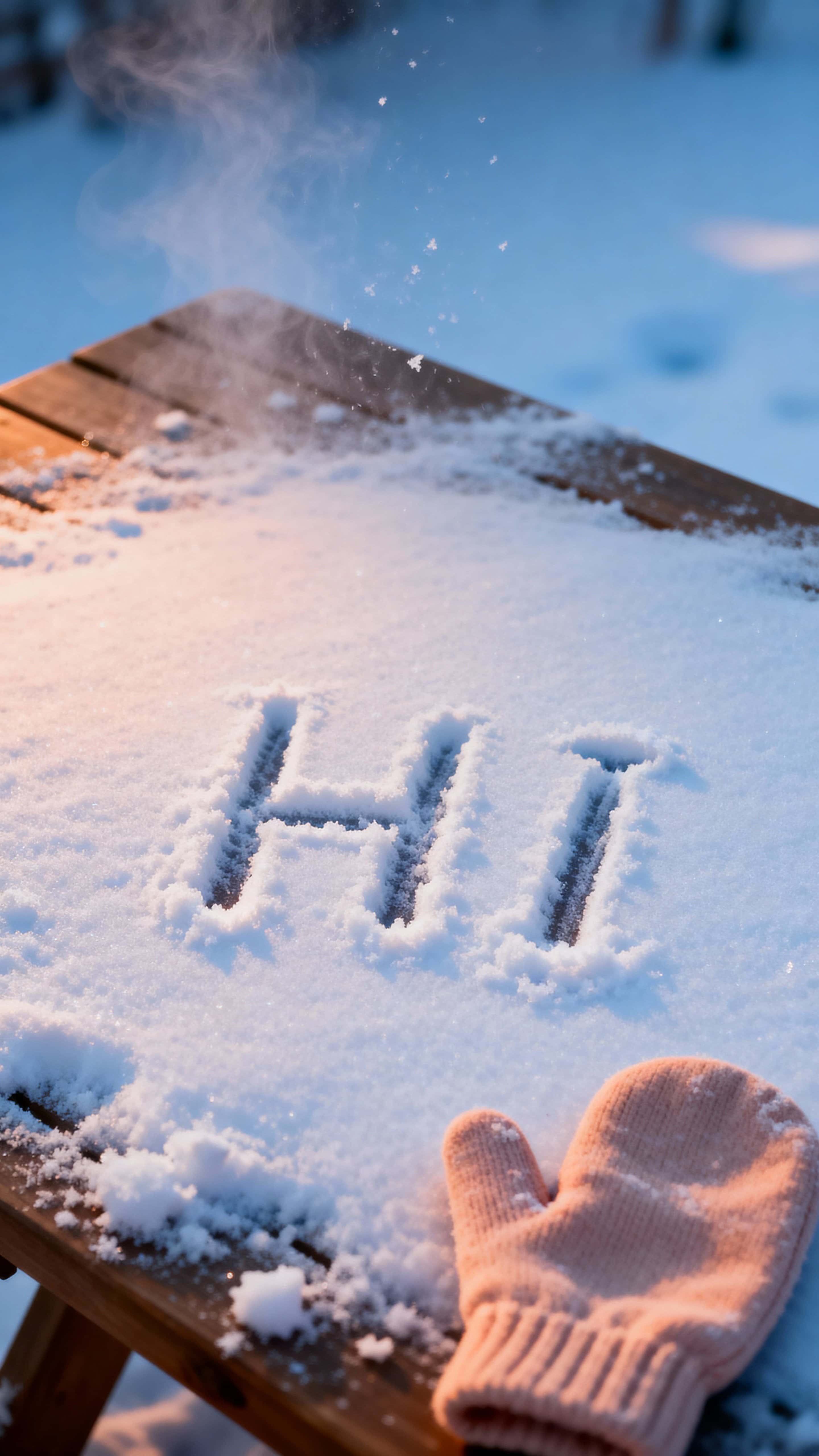 The word "HI" traced in fresh snow on a cool morning surface, photographed vertically at 9:16 with crisp lettering, soft cold atmosphere, and simple contextual cues to convey quiet greeting and seasonal clarity.