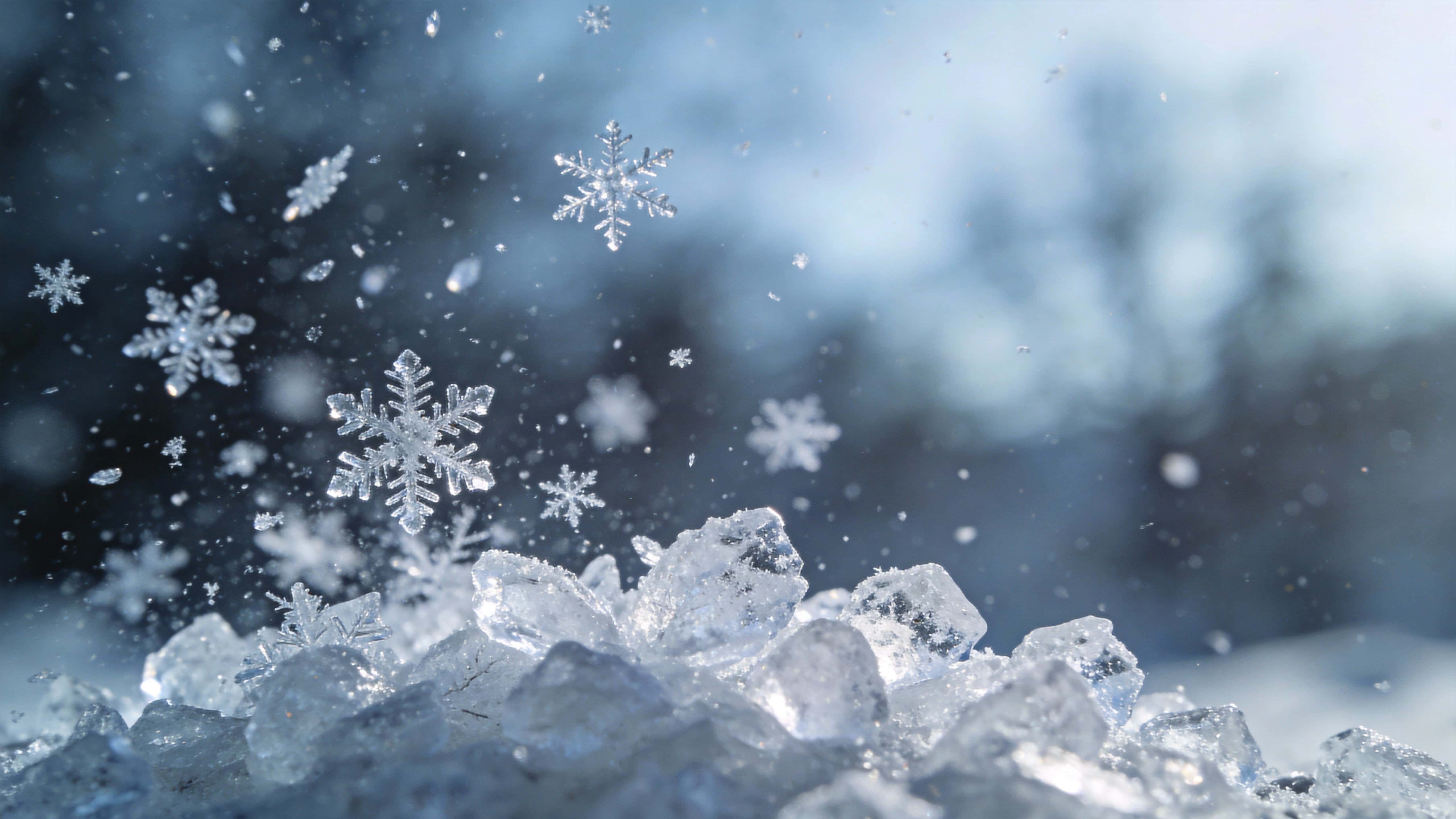 Close-up slow-motion snowfall photographed in a 16:9 cinematic frame, mid-air flakes frozen with crisp edges and soft distant bokeh to create a serene wallpaper image.