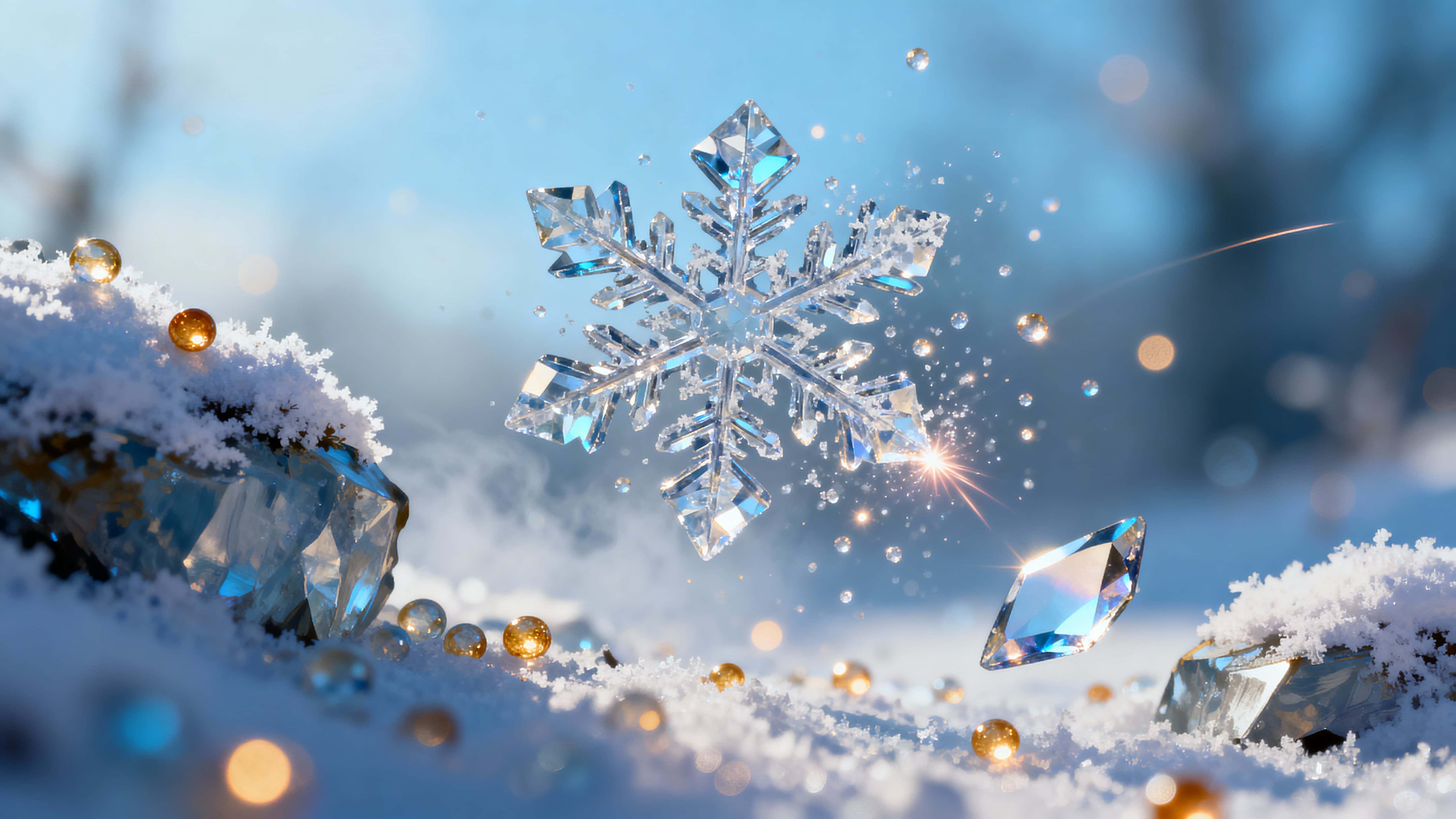 A crystalline snowflake dissolves into thousands of tiny luminous particles over a deep, cool field, emphasizing fragile geometry, gentle motion, and delicate glow in a cinematic 16:9 frame.
