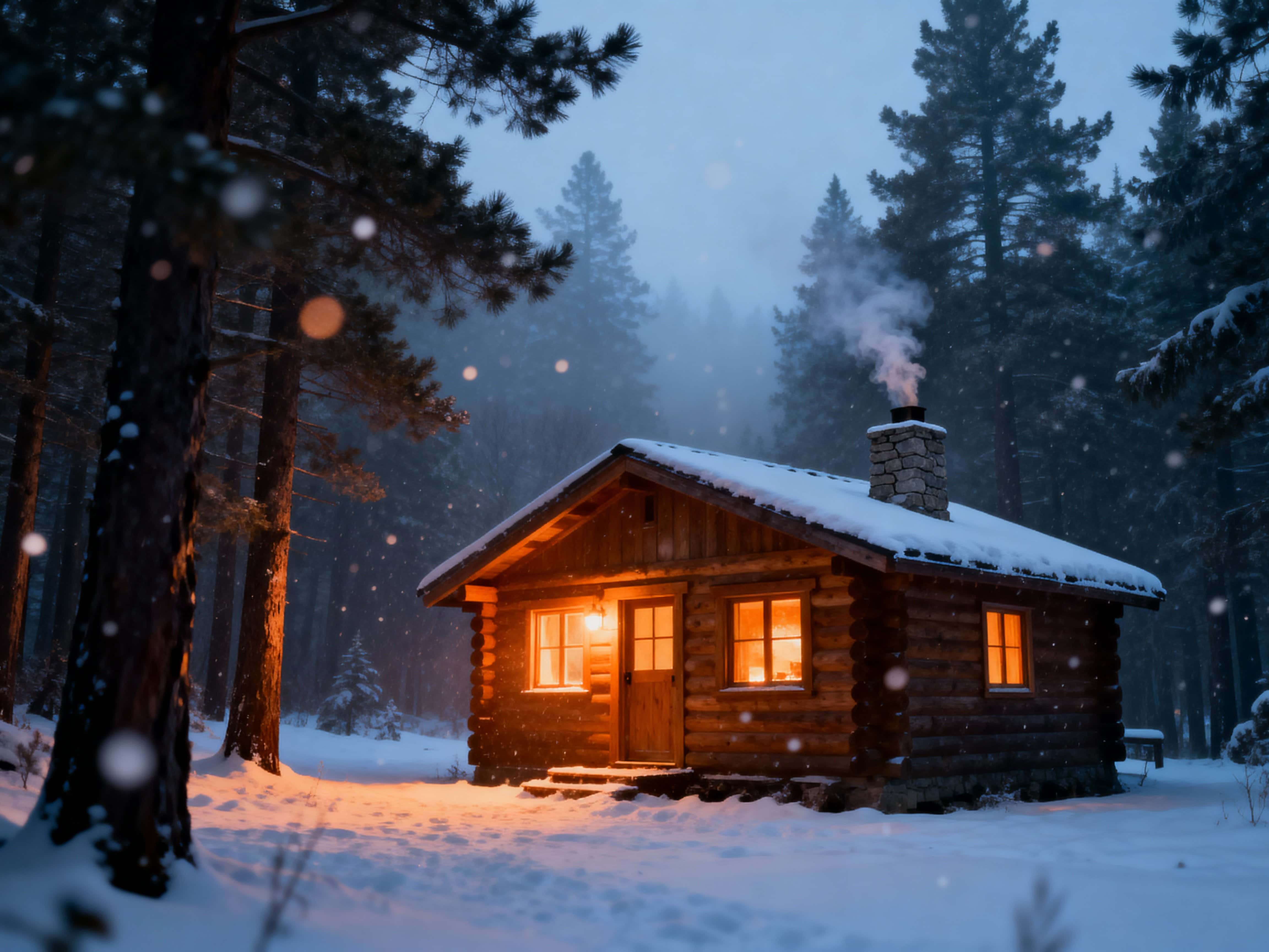 A small wooden cabin in a snowy pine forest at twilight with warm amber light spilling from windows onto icy-blue snow and pine-green trees, stone-gray chimney smoke, wide-angle 4:3 framing.