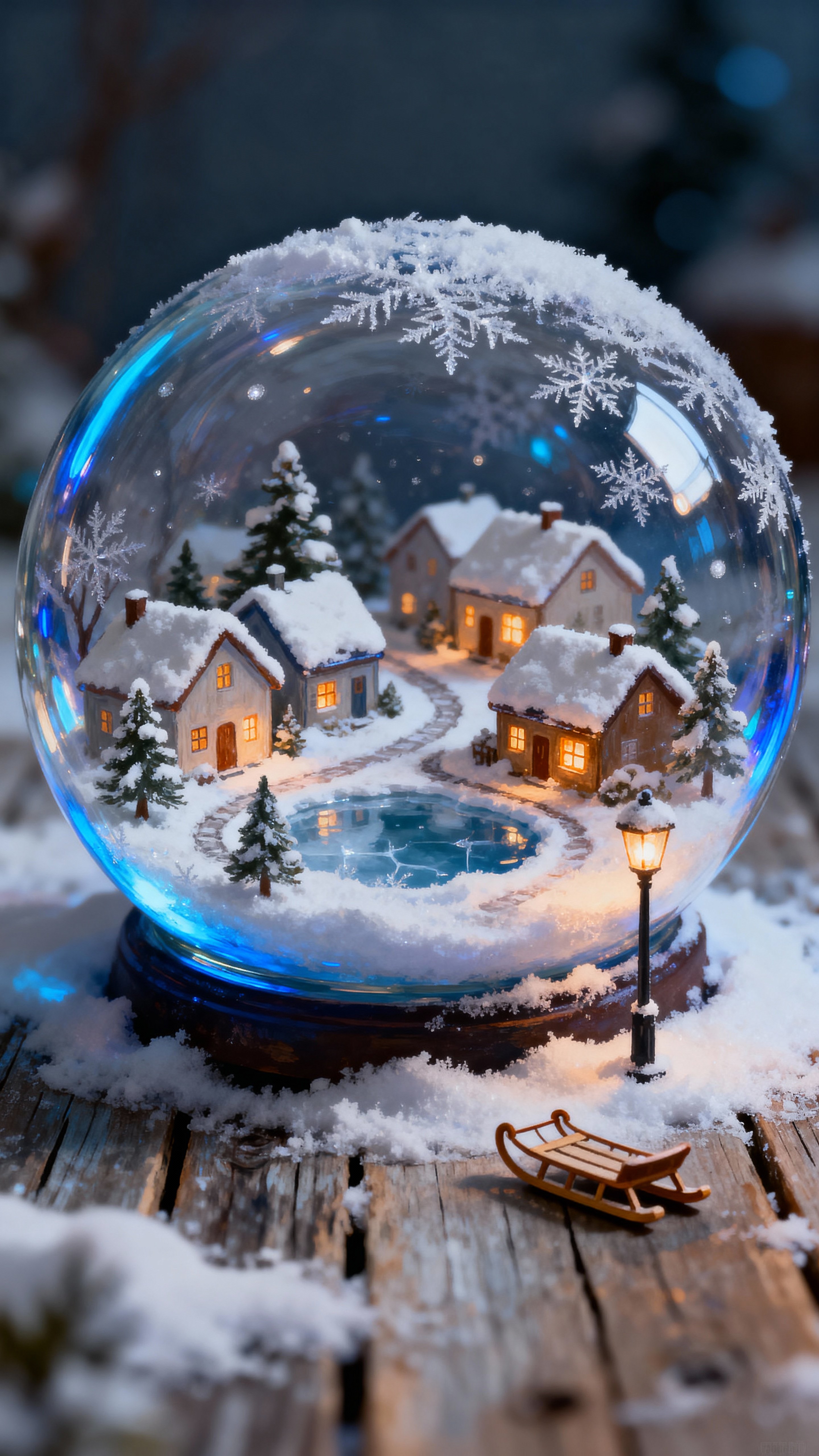 A tiny snow-covered village sits encapsulated inside a clear glass bubble, lit by warm windows and rimmed by frost, conveying quiet winter wonder within a handheld globe.