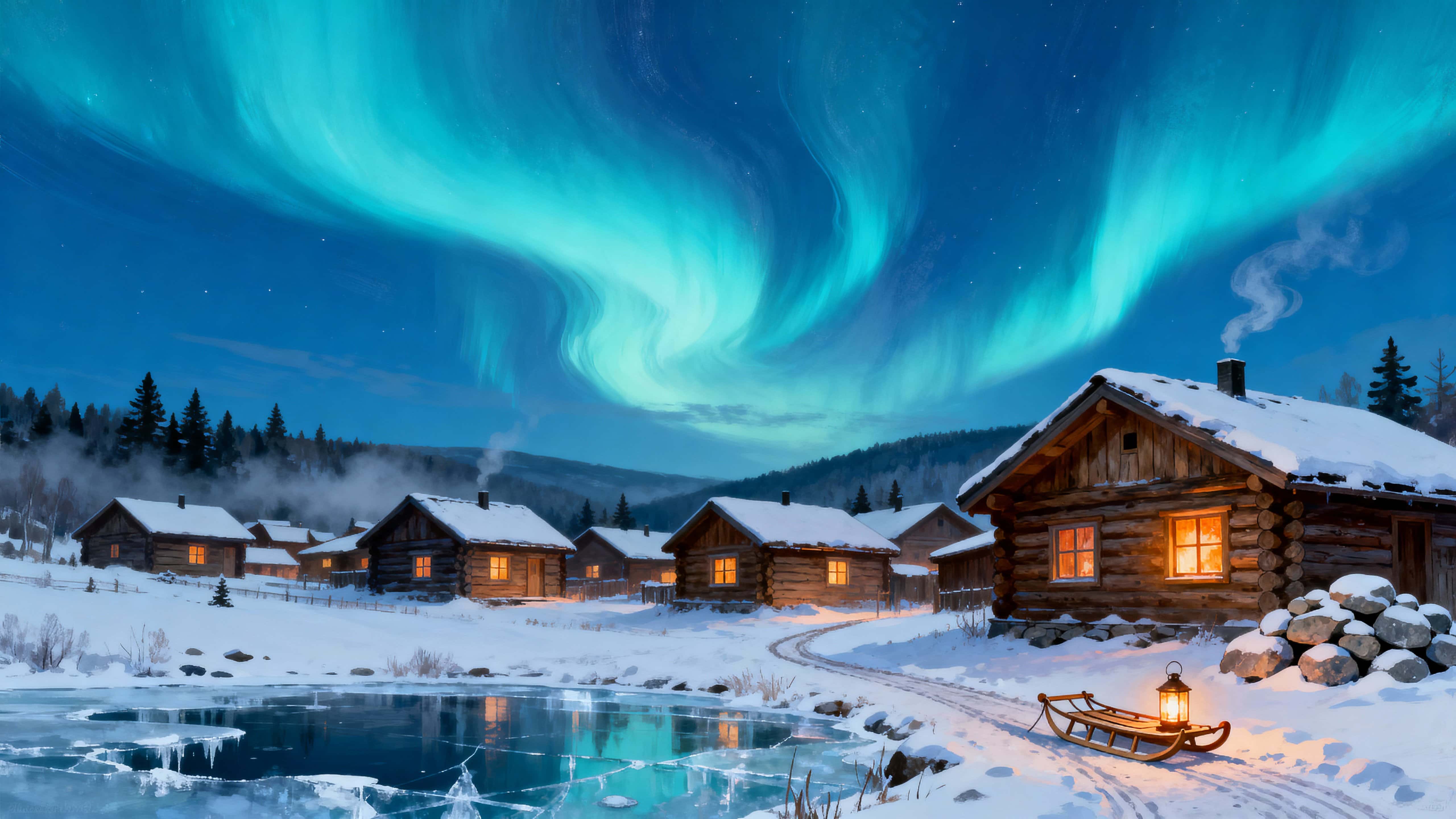 A cozy snowy village of log cabins sits under a wide glowing aurora in a map-like scene, with soft lantern light and drifting snow that emphasize warmth against a cool night sky.