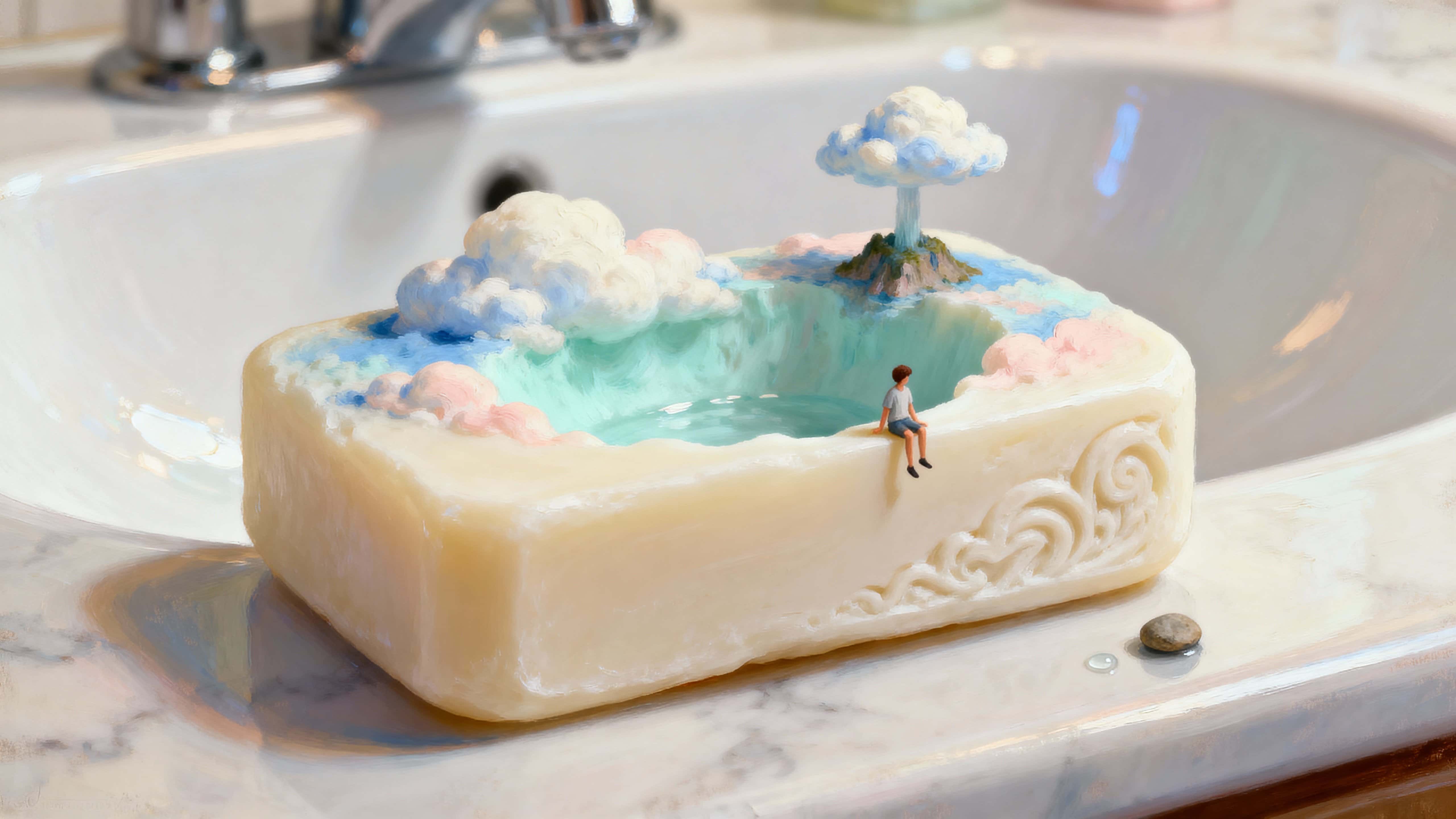 A carved soap bar forms a miniature landscape with a hollowed top where a tiny island rests on pillow-like cloud tufts and a small figure swings their legs from the rim, evoking quiet wonder.
