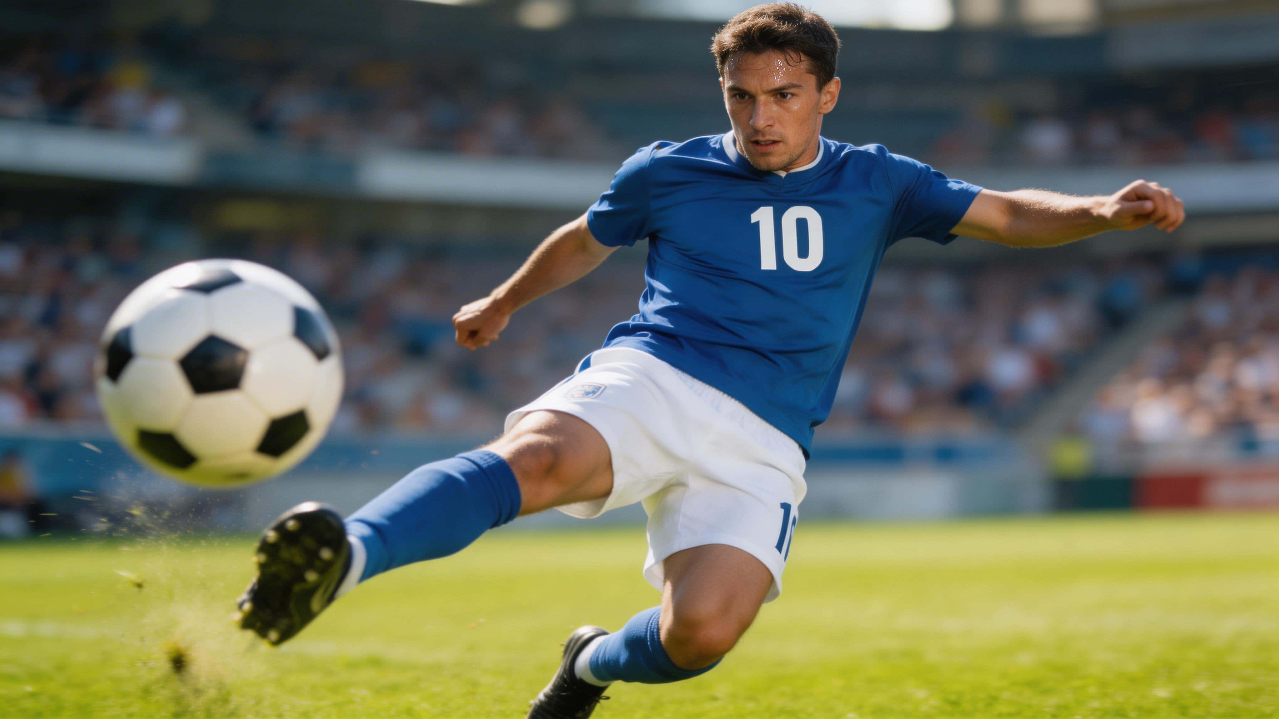 Wide 16:9 sports action photograph of a soccer player captured mid-air during a decisive kick, composed for cinematic desktop/website-hero use with dynamic motion.