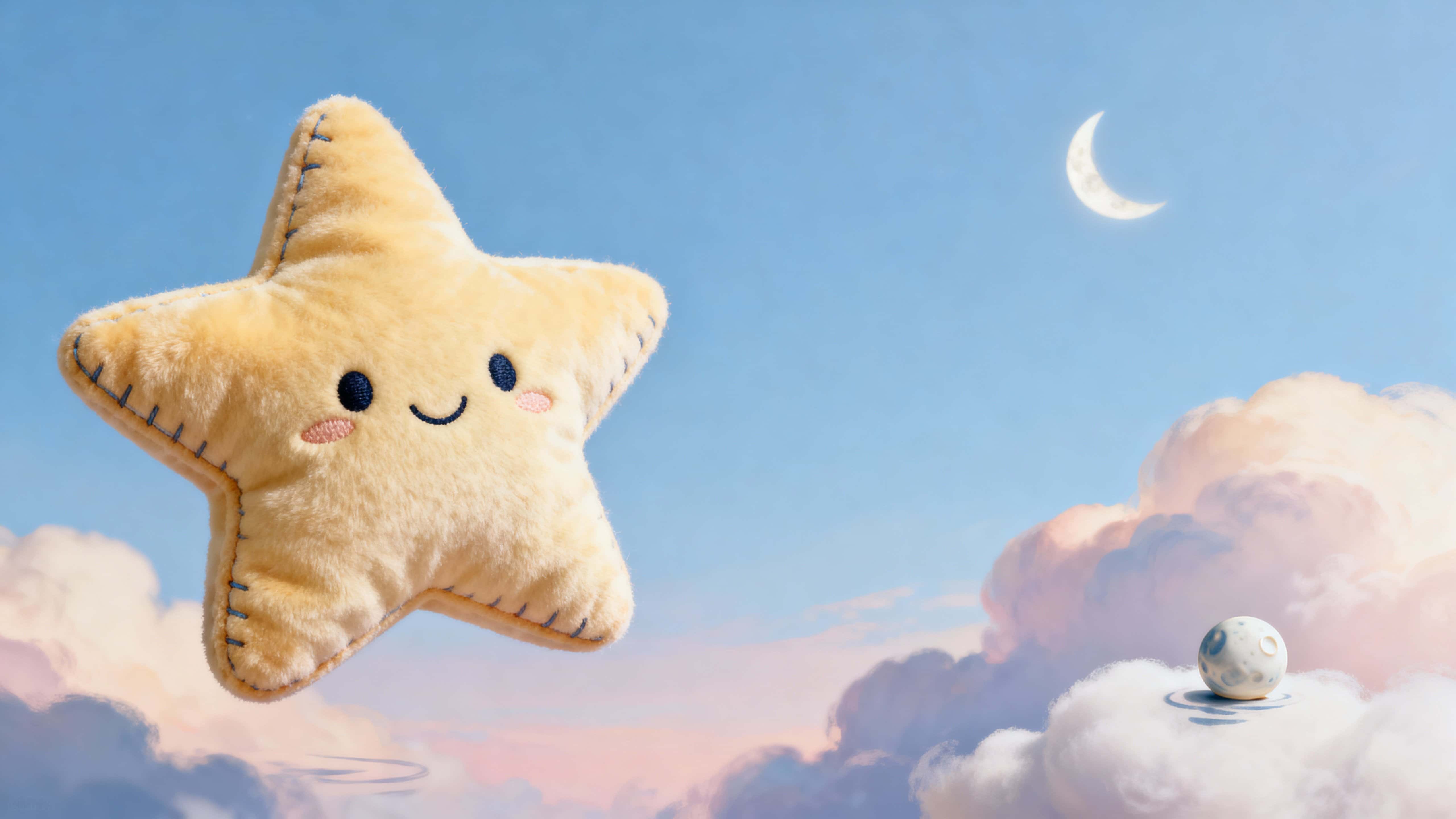 A soft plush star with a gentle smiling face drifts against a pastel sky in a calm 16:9 frame, rendered with warm glowing light and soft textures to feel comforting and childlike.