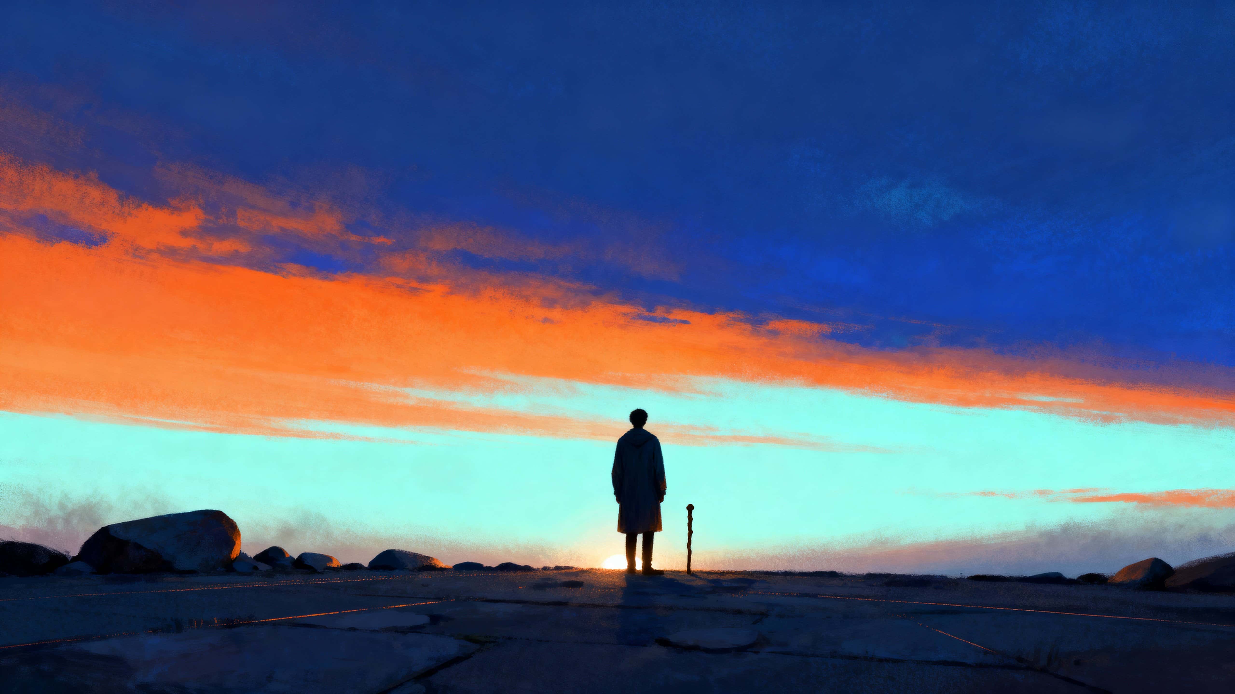 A solitary figure stands slightly behind center in a 16:9 frame, facing a curved luminous horizon of warm orange and cool cobalt bands with a weathered staff anchoring the scene.