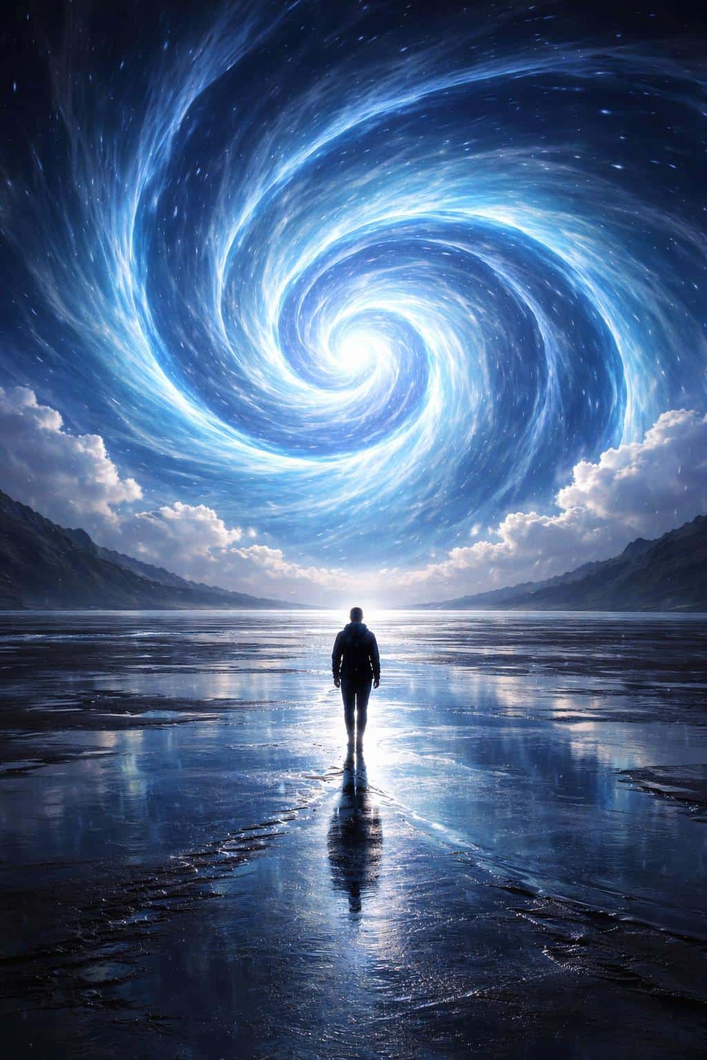 A centered poster-style digital painting of a lone silhouetted figure on a reflective wet seascape facing a glowing electric-cyan spiral vortex in a starry navy sky.