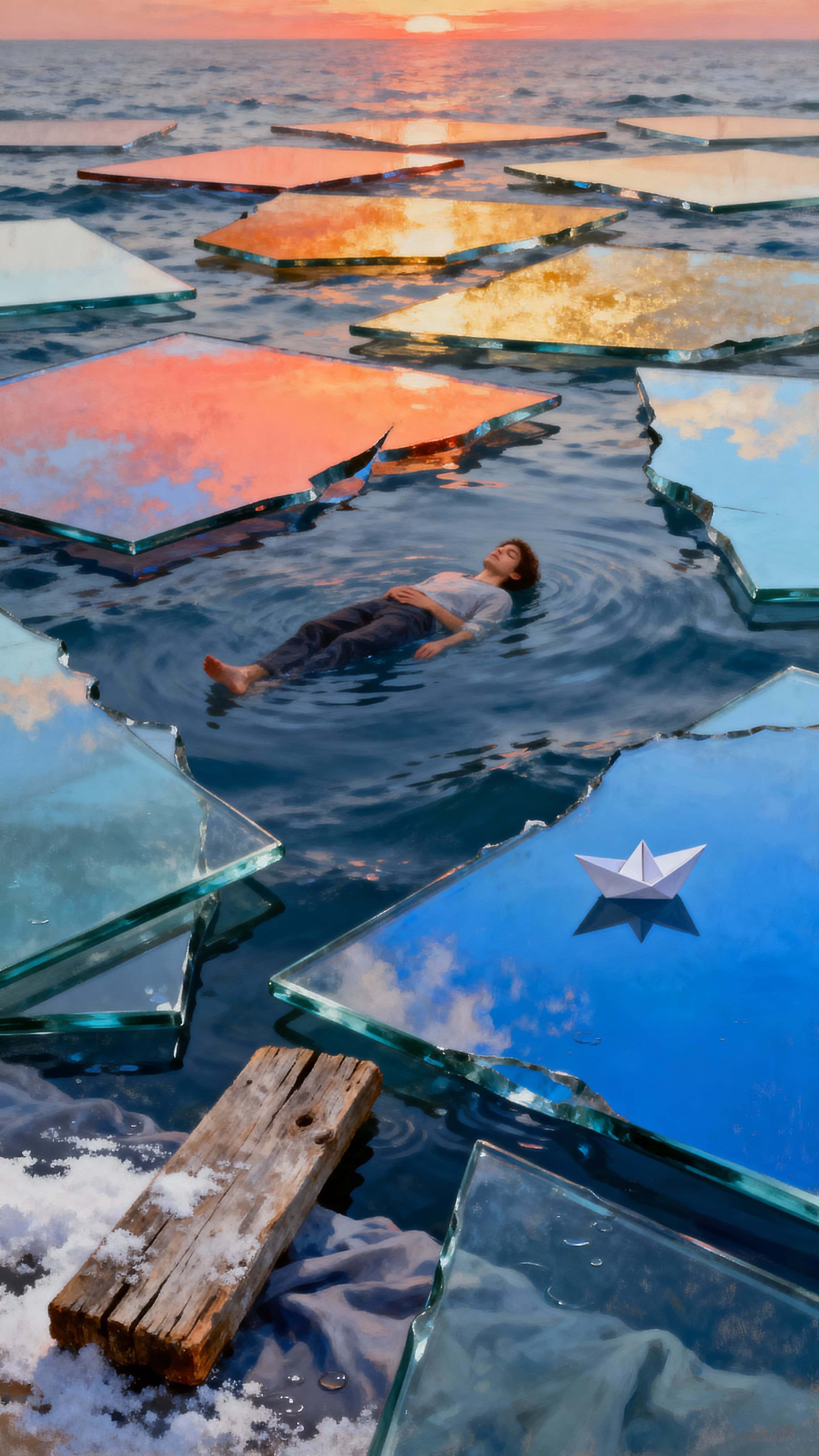 A solitary person drifts above a fractured, glass-like ocean in a 9:16 vertical frame, calm and curled among tilting sunset-tinted plates with a paper boat and plank nearby suggesting quiet travel.