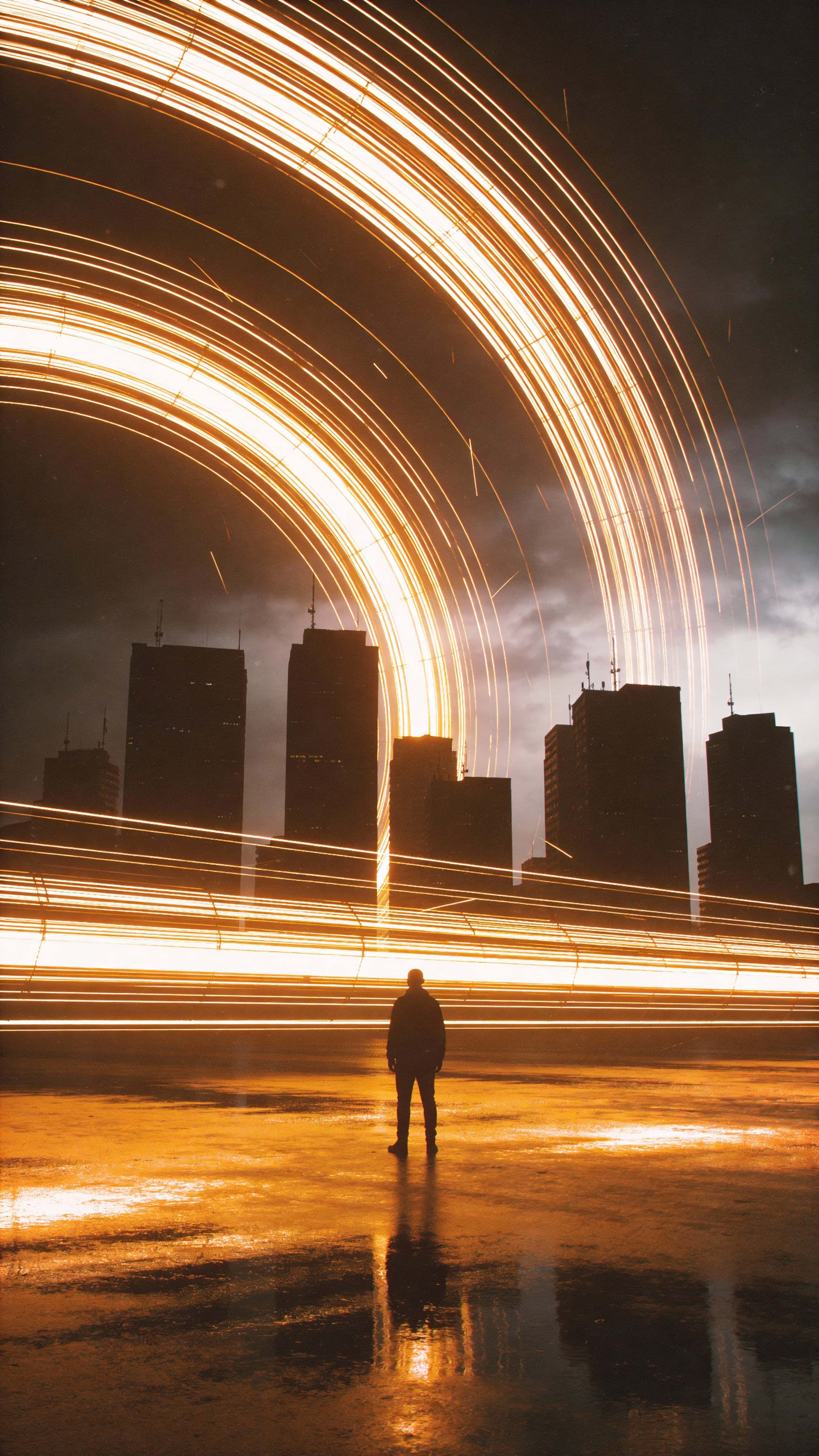 A vertical 9:16 cinematic scene of a solitary figure confronting a storm of bending golden light streaks above a reflective wet ground and dark minimal cityscape, evoking an epic, ultra-realistic atmosphere.