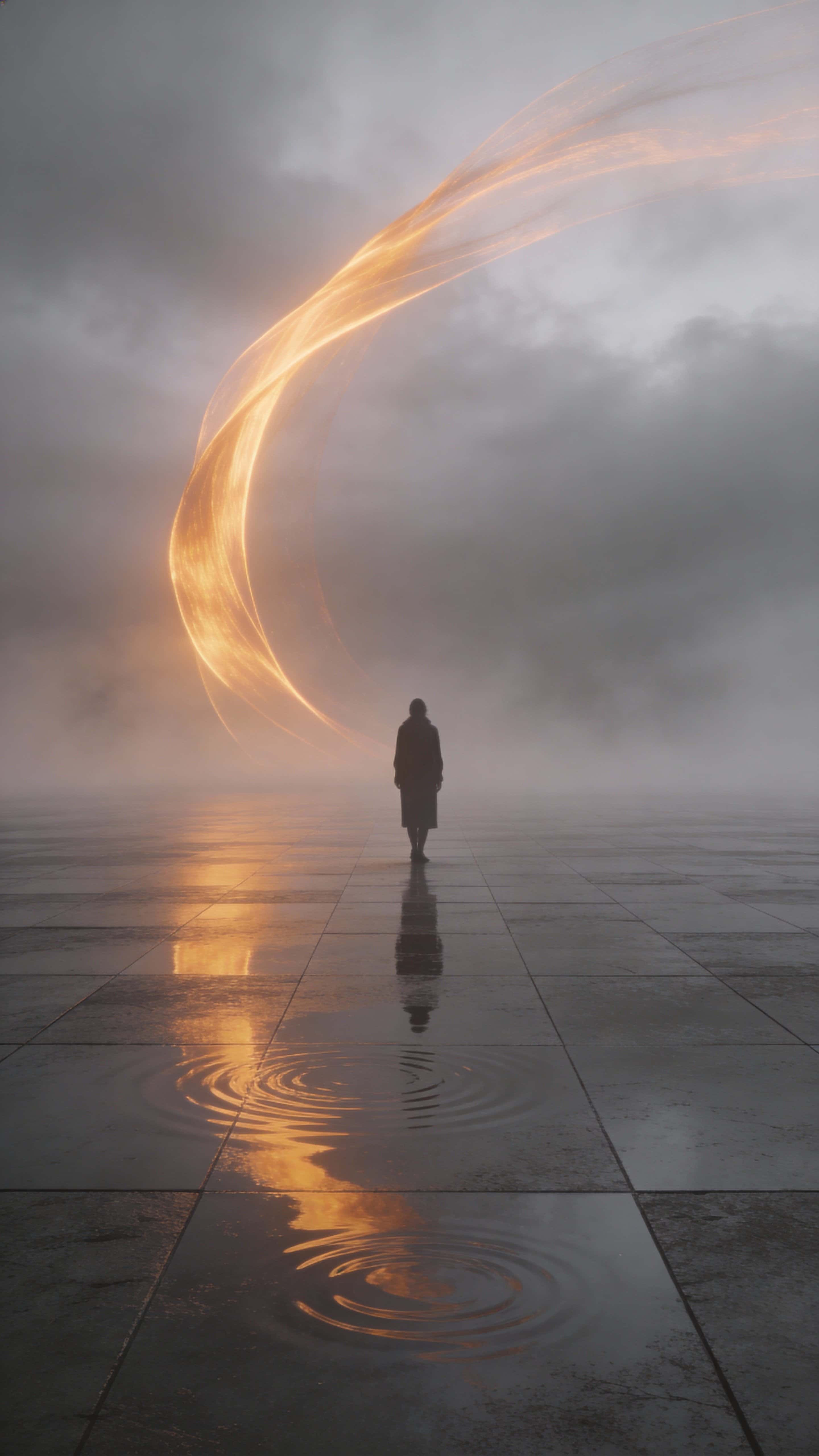 A solitary figure stands on a glossy reflective plaza beneath dreamlike amber arcs across the sky, enveloped in misty gray tones and poetic minimalism within a vertical 9:16 frame.