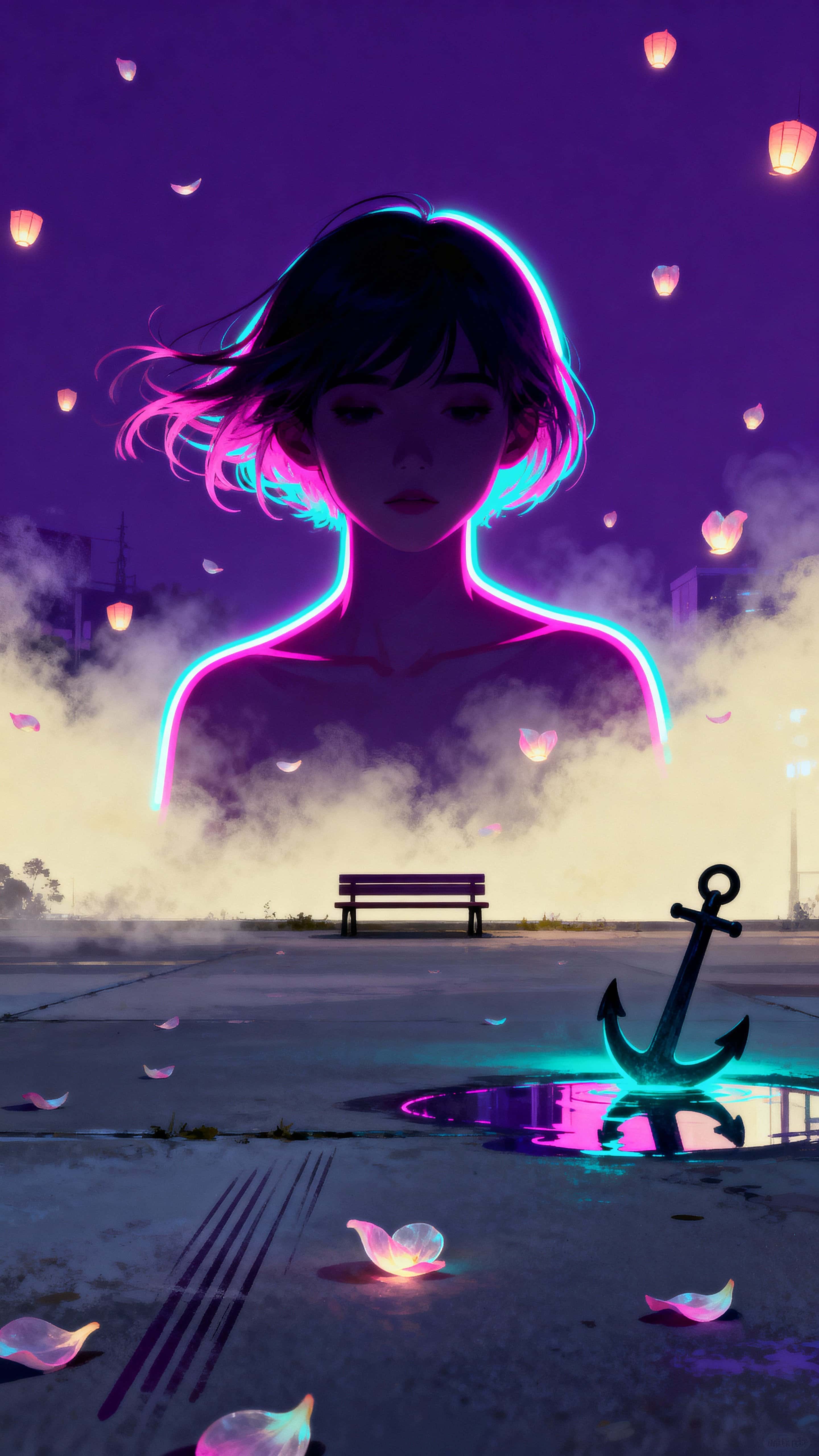 A solitary figure stands centered in a tall 9:16 vertical frame as magenta and cyan petals drift around them against a deep purple urban night, creating a calm luminous portrait.