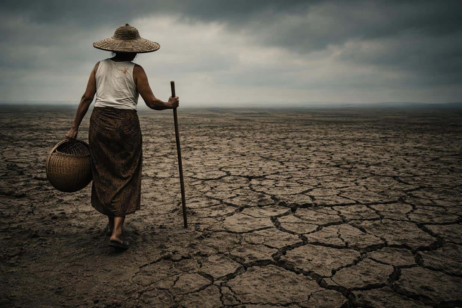 A documentary photography study of a lone figure navigating a vast expanse of cracked earth under a heavy overcast sky, capturing environmental resilience.