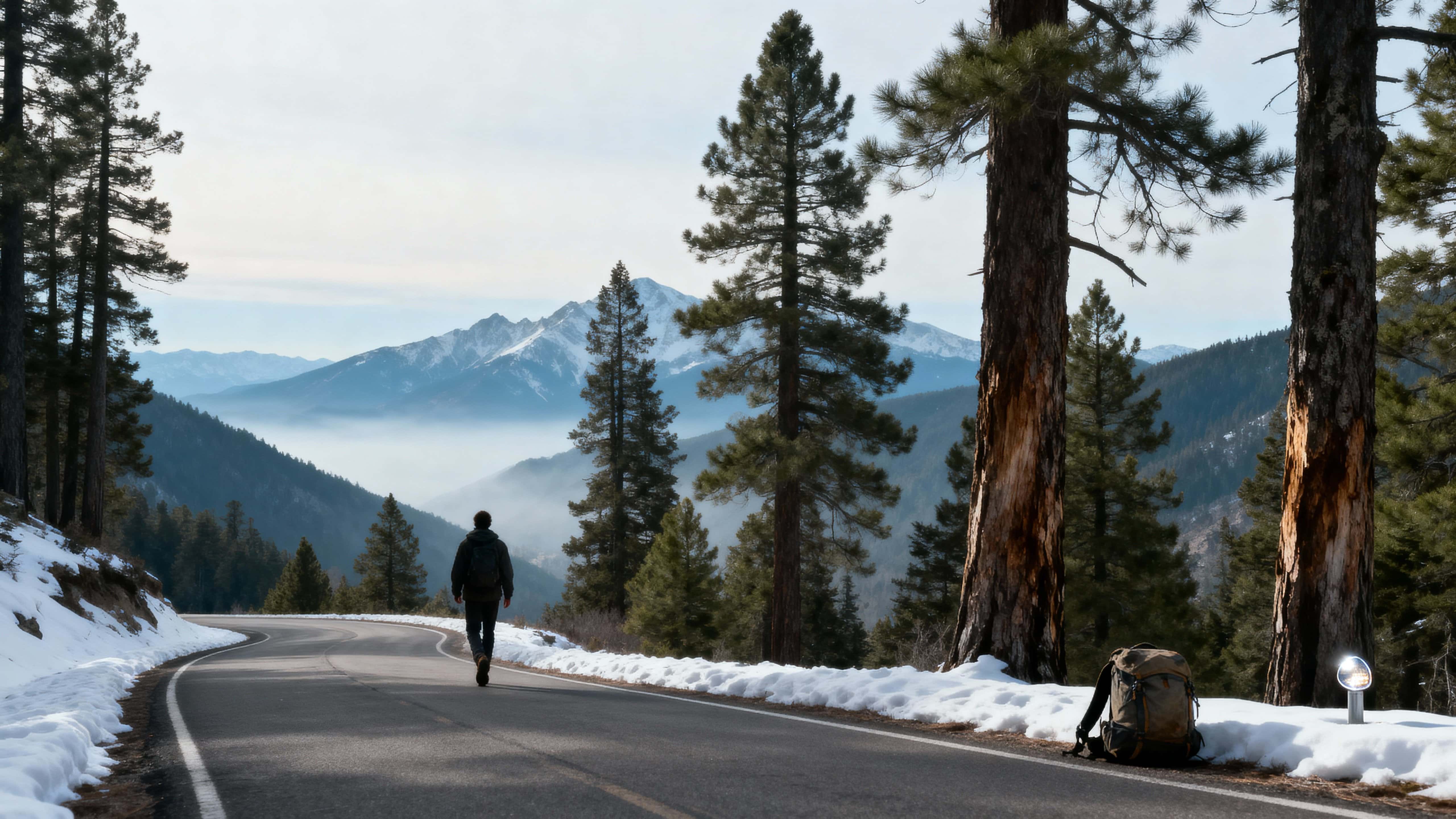 A lone hiker walks a winding mountain road flanked by tall pines and snow peaks with mist pooling in the valley, captured in a cinematic, slightly overcast travel mood with careful 16:9 composition guidance.