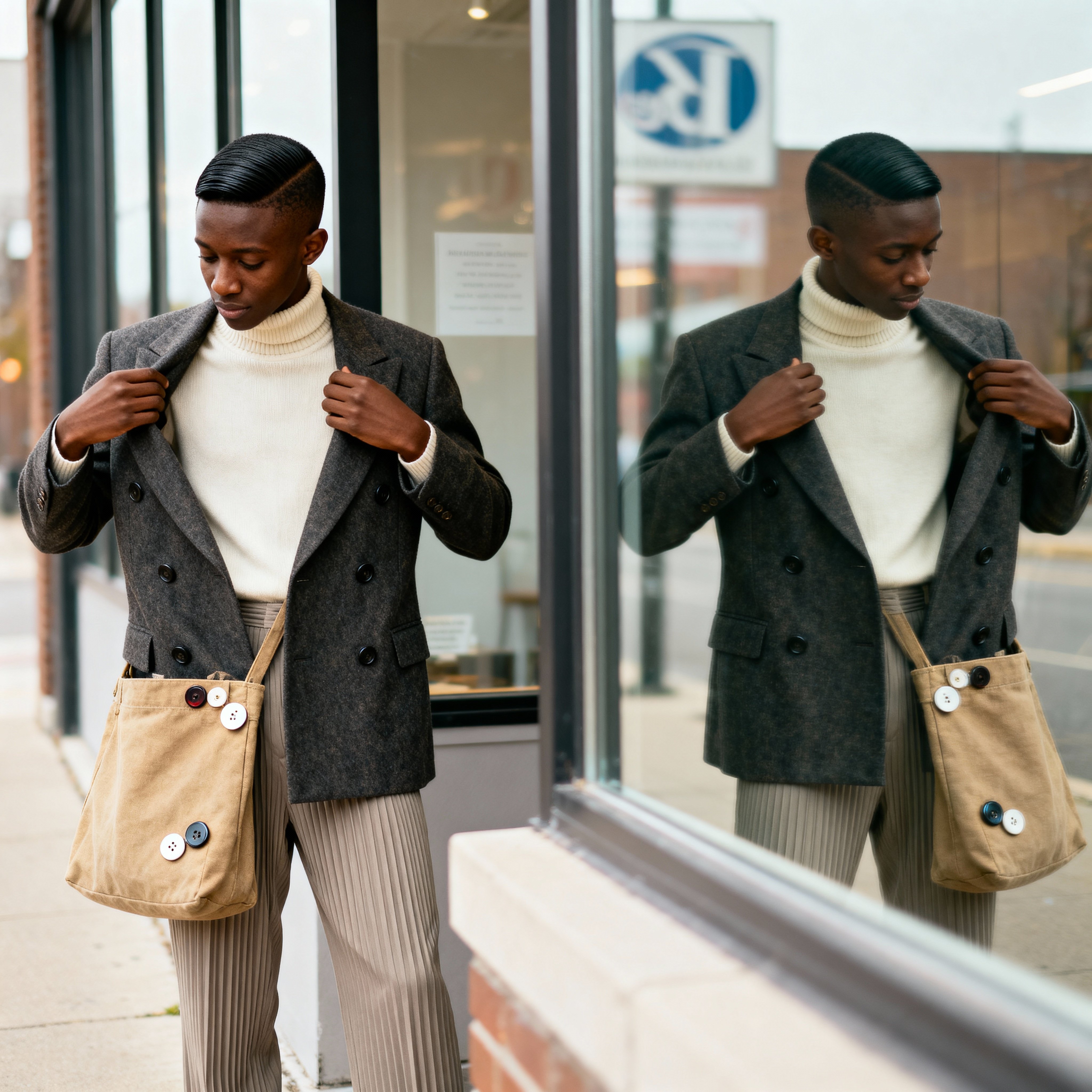 A 21-year-old Somali American thrift stylist adjusts a double-breasted charcoal blazer (#2F3236) over a cream turtleneck (#FFF5E0), showing deep brown skin (#5C3A2E) against a softened sidewalk gray (#BFC3C6) and muted window blue (#9FB7C9)