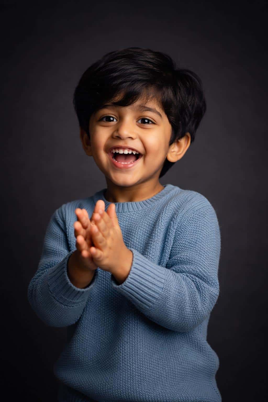 Cinematic 2:3 vertical editorial studio portrait of a smiling four-year-old South Asian boy in a sky-blue knit sweater, clapping with natural skin texture against a deep charcoal backdrop.