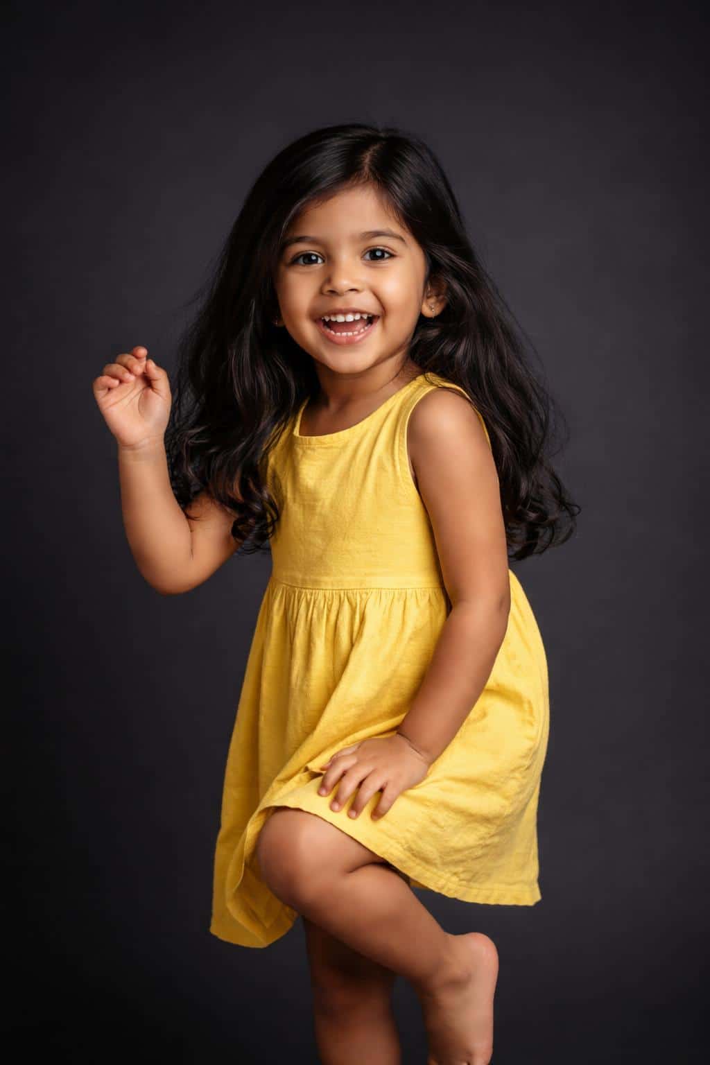 Cinematic 2:3 portrait of a four-year-old South Asian girl in a sunny-yellow dress, smiling toothily in a tiny dance pose against a deep charcoal backdrop with warm amber highlights and cool shadow edges.