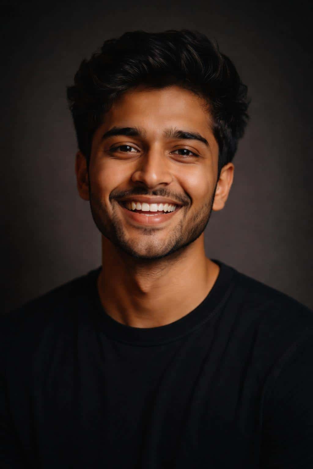 Vertical 2:3 cinematic studio close-up of a smiling South Asian man (mid-20s), tight upper-chest-to-hair crop with warm amber highlights, cool charcoal shadows, and subtle film grain.