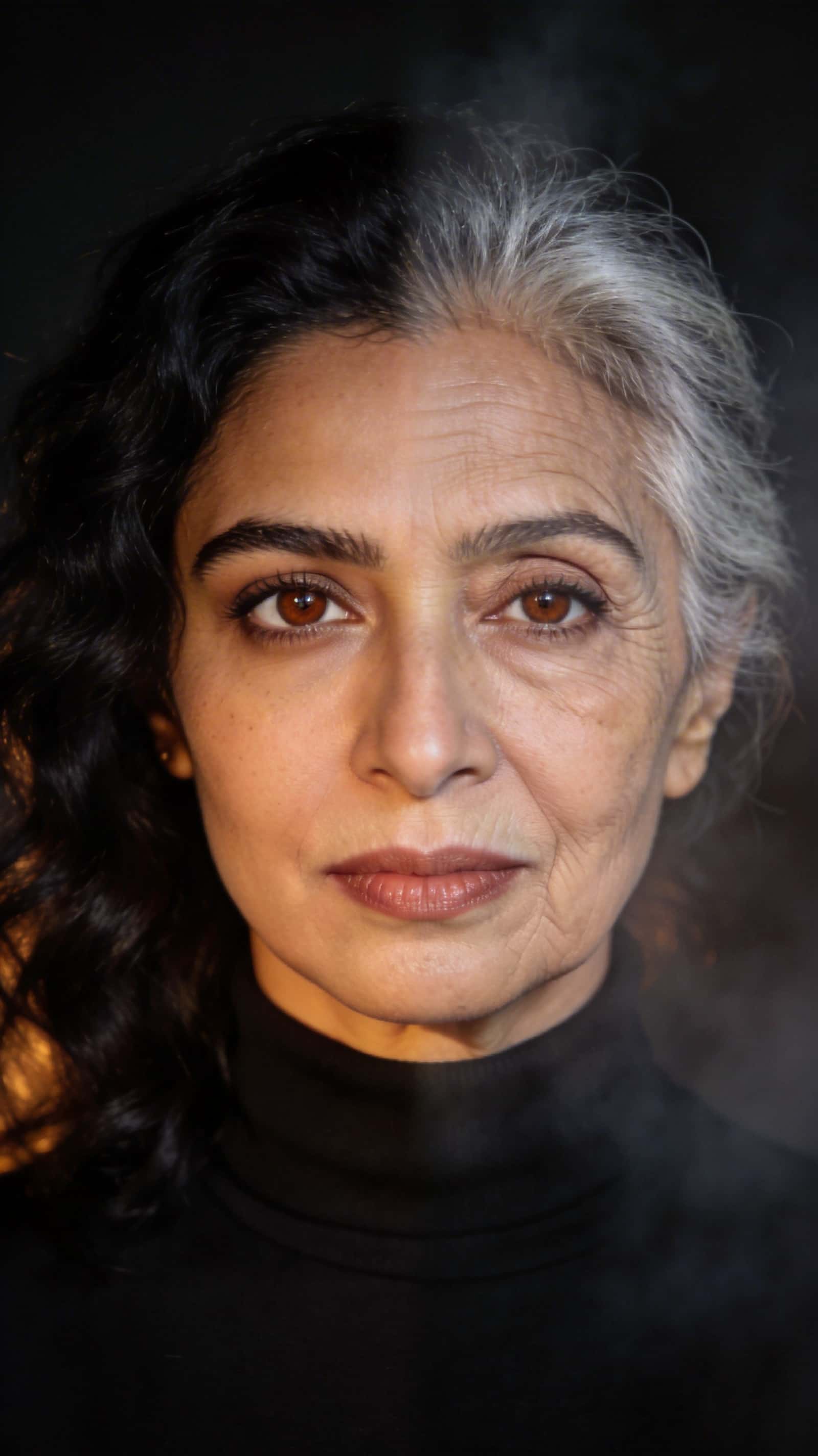 9:16 editorial portrait of a South Asian woman placed lower-middle, morphing from youthful lower-left to early-70s upper-right with seamless facial registration and calm expression.