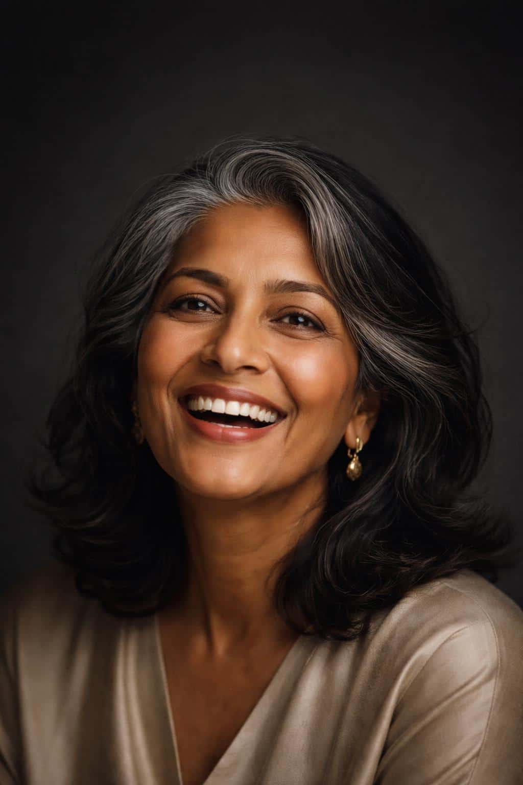 Close-up 2:3 editorial studio portrait of a joyful South Asian woman in her early 60s, collarbone-to-head crop with warm amber highlights, cool charcoal backdrop, and crisp catchlights.