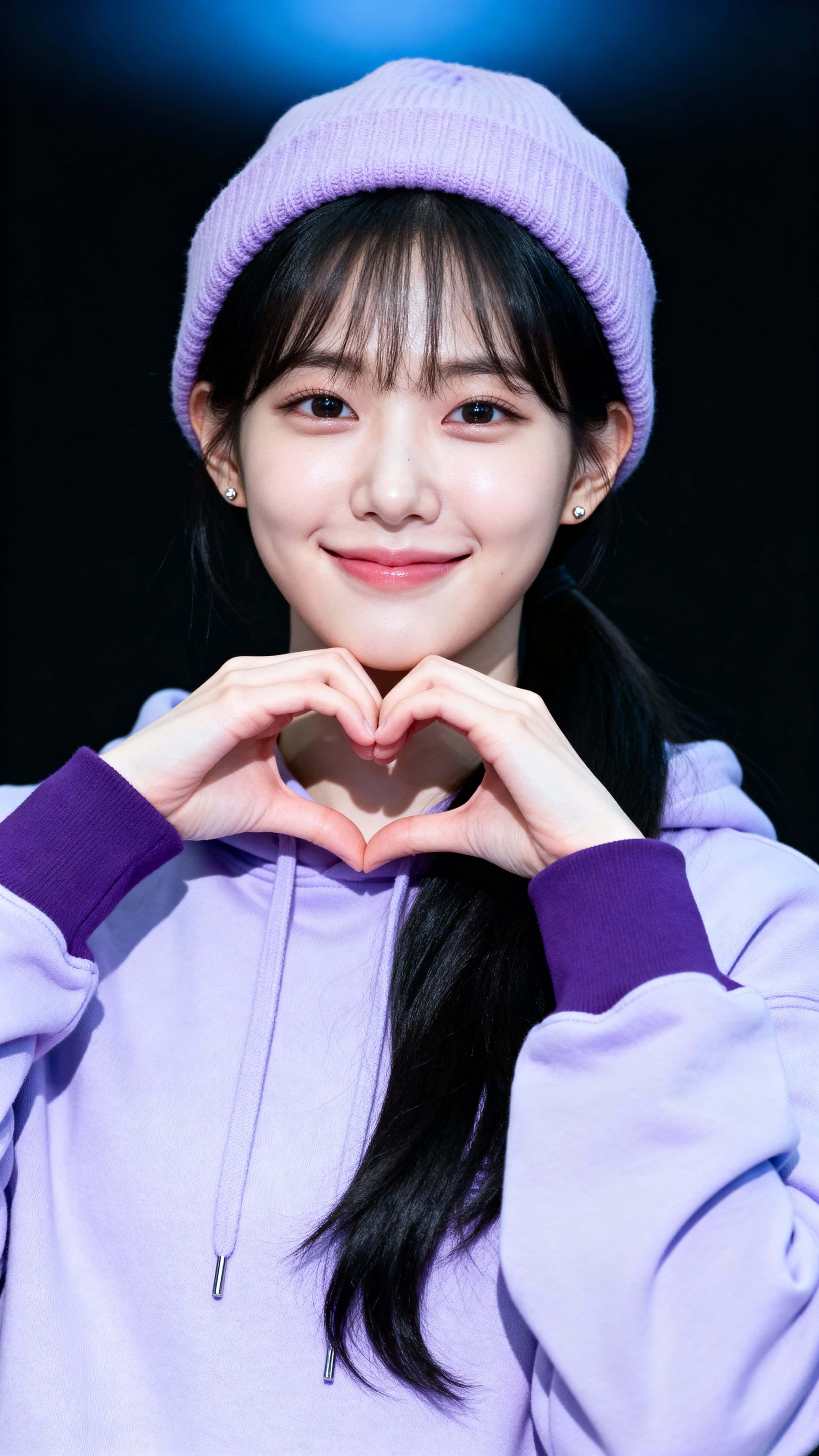 A chest-up studio portrait of a 21-year-old South Korean woman in a pale lavender hoodie and lilac beanie, making a heart with her hands against a deep midnight-blue background.