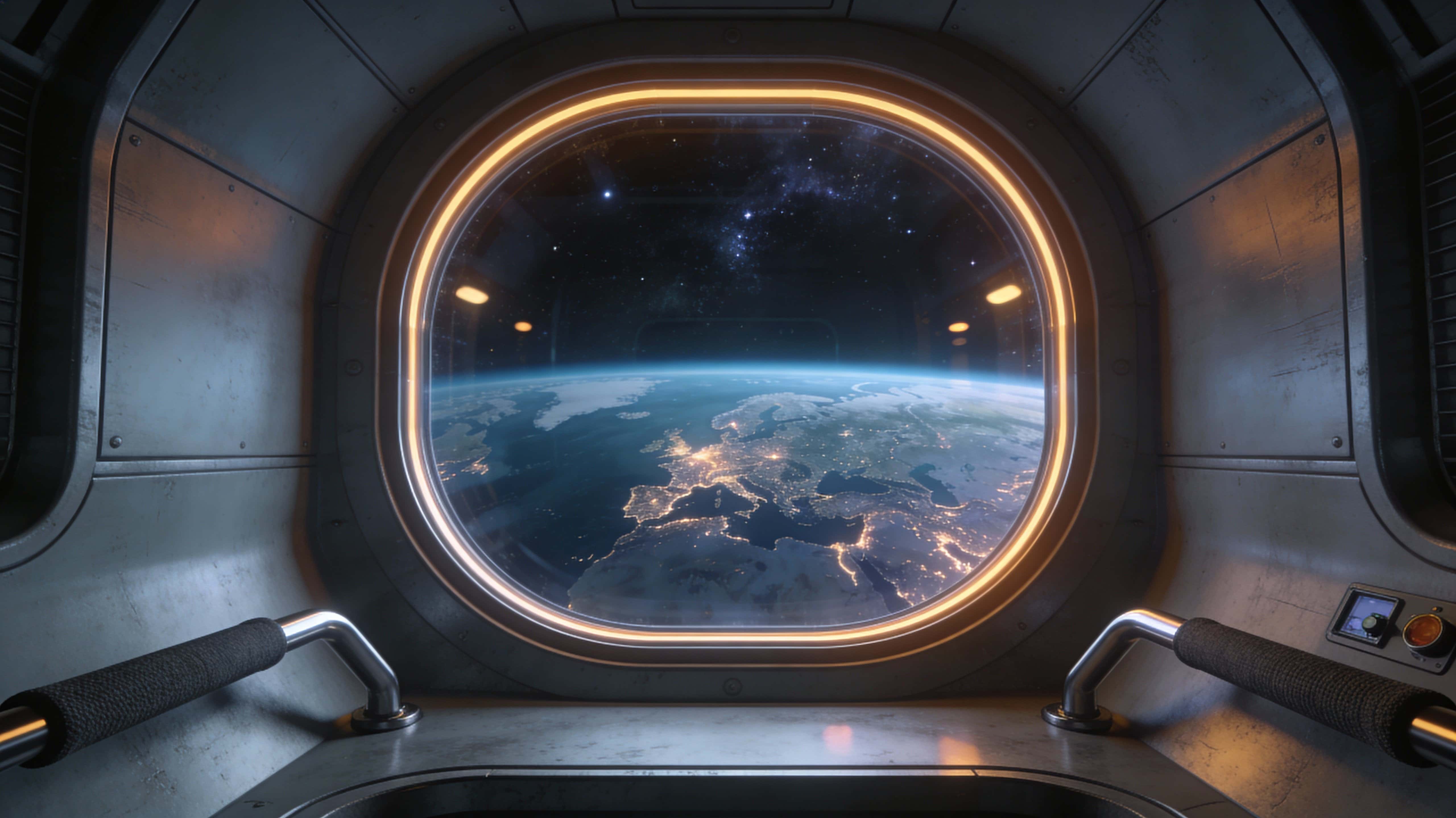 Space station window view rendered as a cinematic 3D interior scene for wallpaper or poster, framed 16:9 with Earth filling the vista beyond the curved glass.