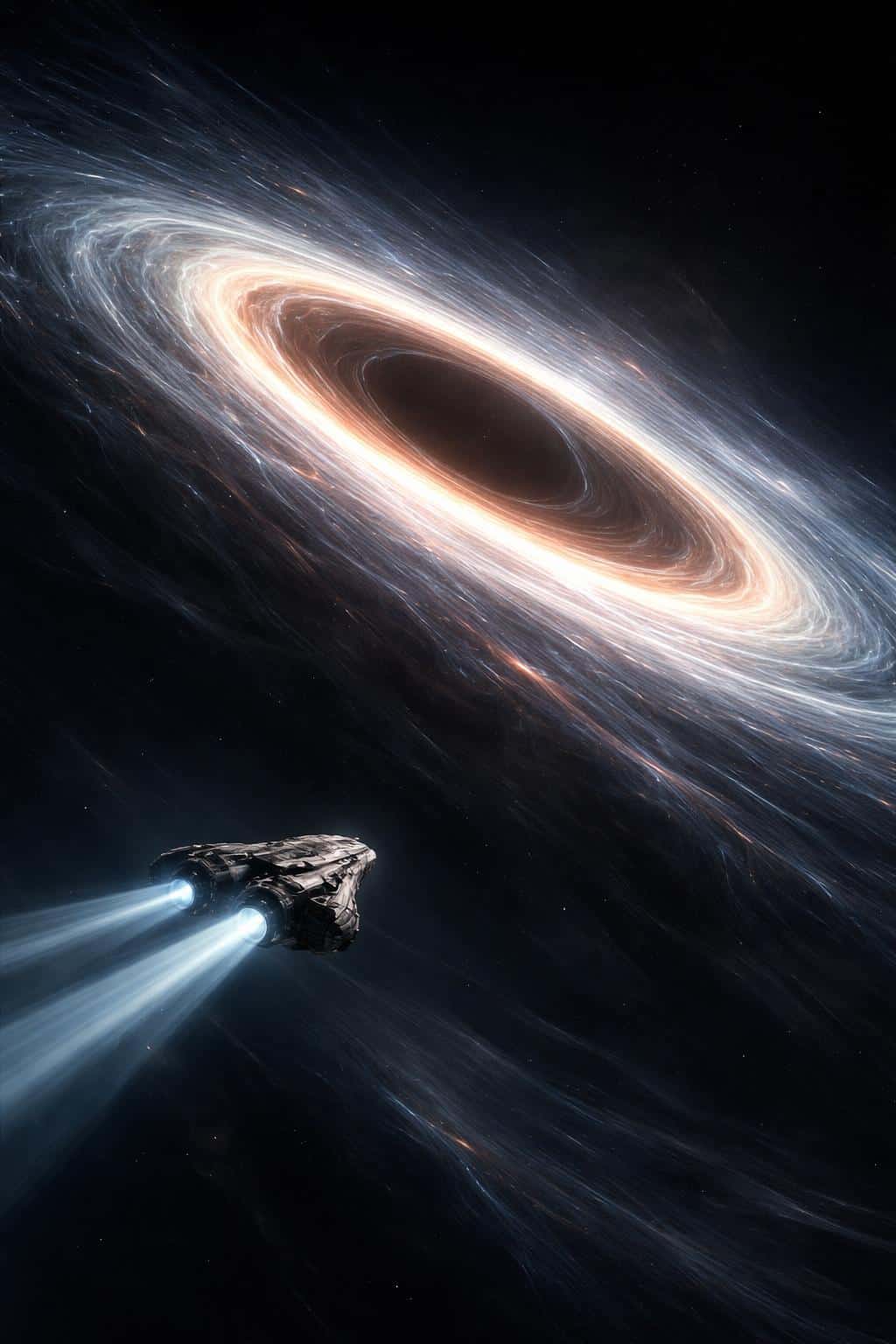 A single spaceship threads a tilted, luminous accretion ring in a cinematic 3D-render style, composed for a 2:3 poster-cover with dramatic, low-key lighting.