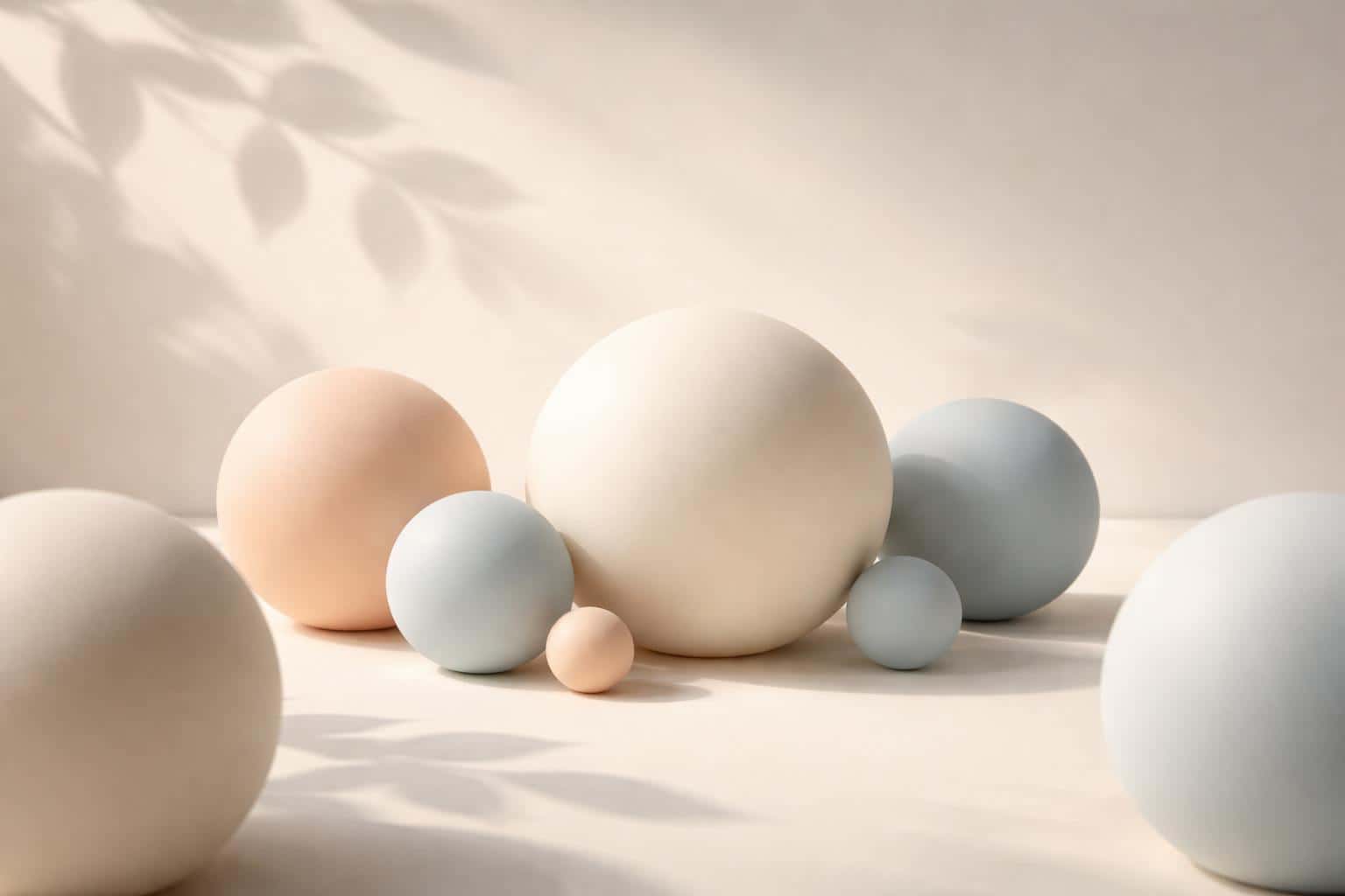 Close-composed still-life photograph of arranged spheres with soft directional light and leaf-like shadows, rendered for wallpaper use with careful 3:2 composition guidance.