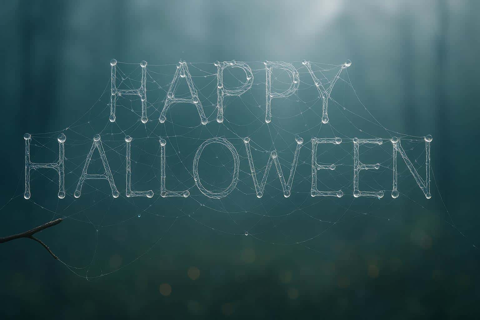 Photorealistic 3D scene of “HAPPY HALLOWEEN” woven from ultra-fine spider-silk filaments with dewdrop lenses and prismatic glints against a faint misty forest, framed 3:2.