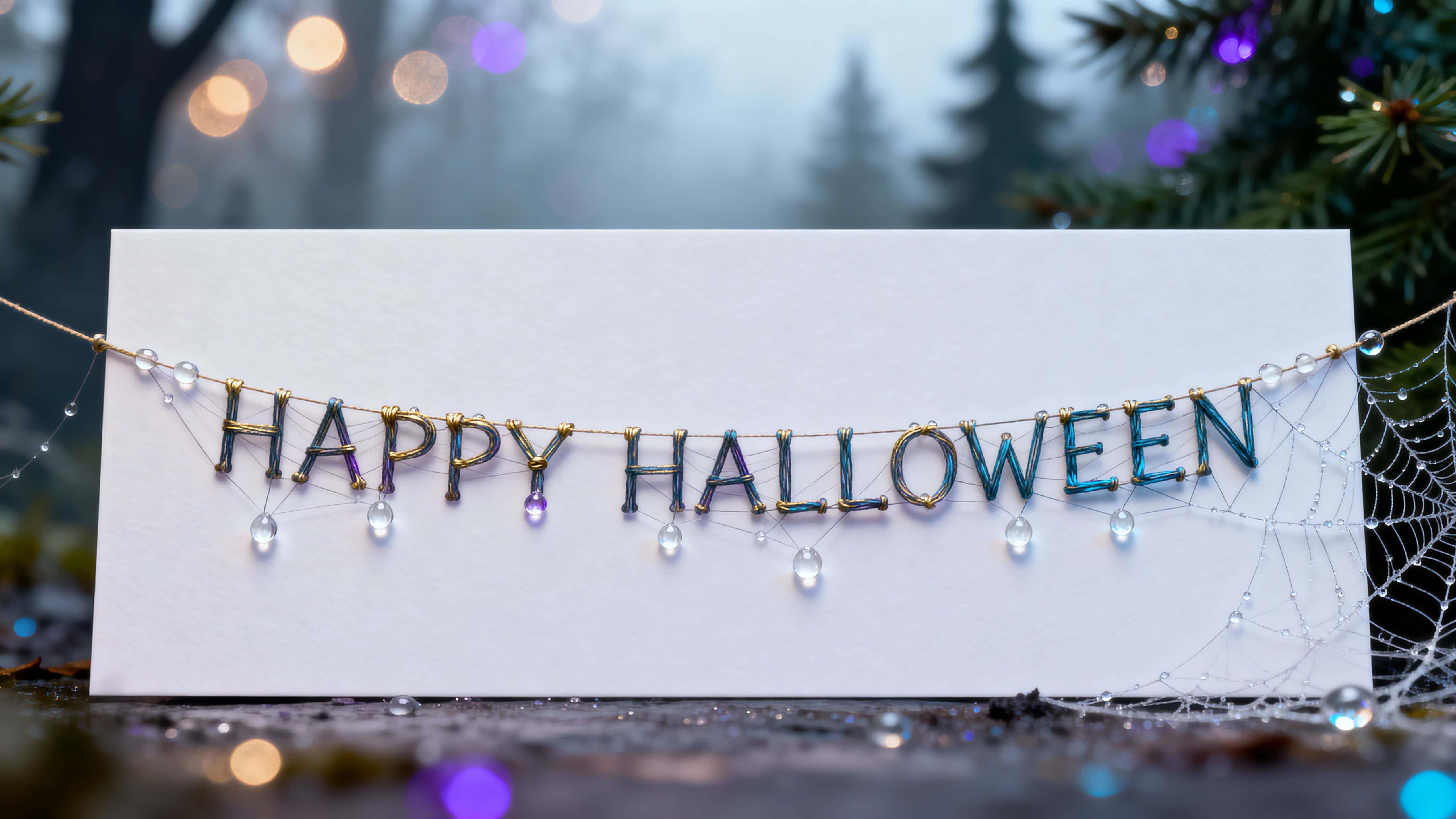 Photo-quality 3D render of “HAPPY HALLOWEEN” woven from ultra-fine spider-silk filaments with dewdrops that act as tiny lenses and a faint misty forest behind.