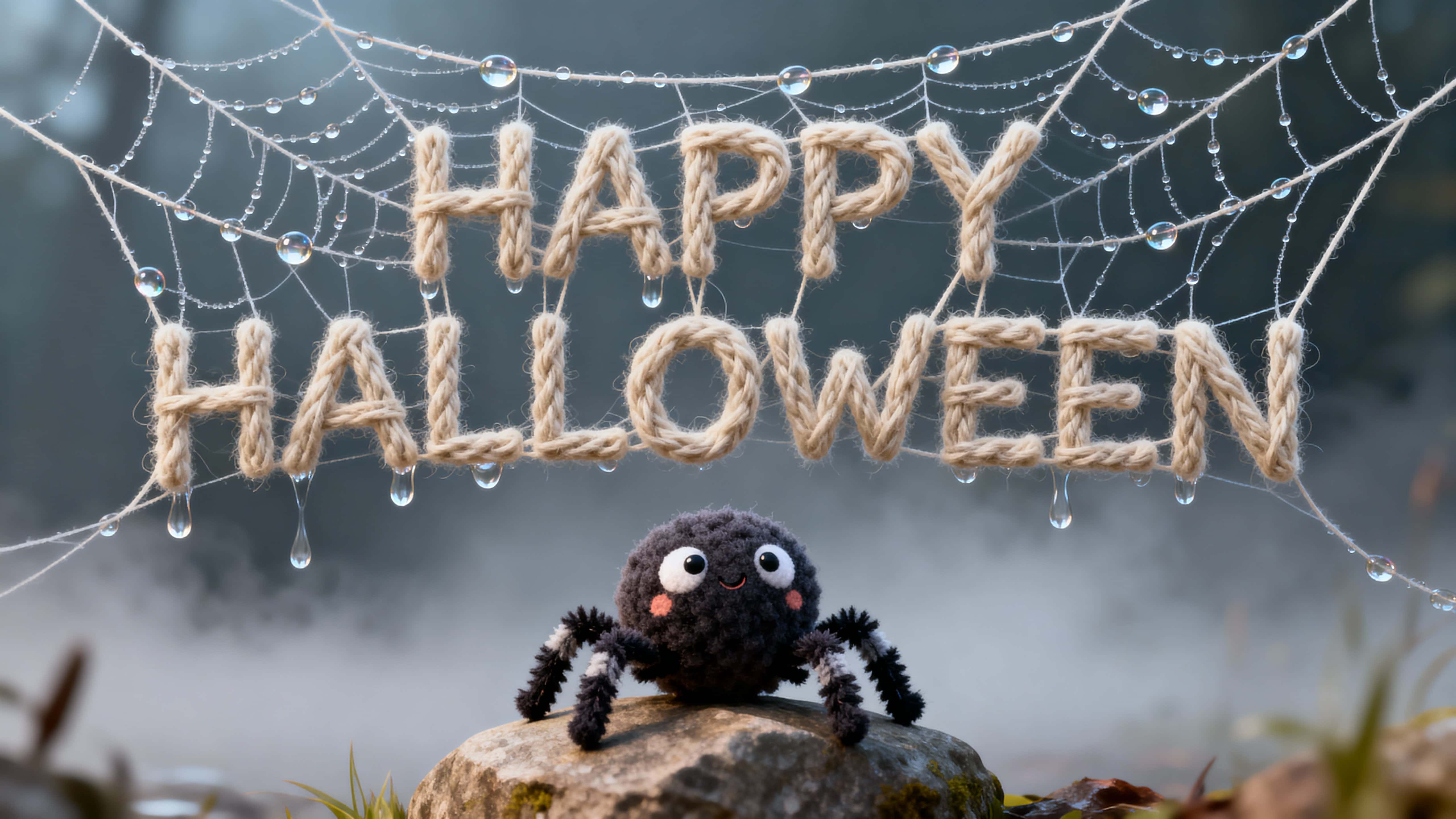Full-frame 16:9 scene of “HAPPY HALLOWEEN” woven from spider-silk with dewdrop lenses and gentle sag, a pom-pom spider on a slate rock foreground against a misty teal-gray backdrop (#F6F1E6, #A8D8FF, #7D7F87, #FF8A33, #5D2A6E, #9BB0B6).