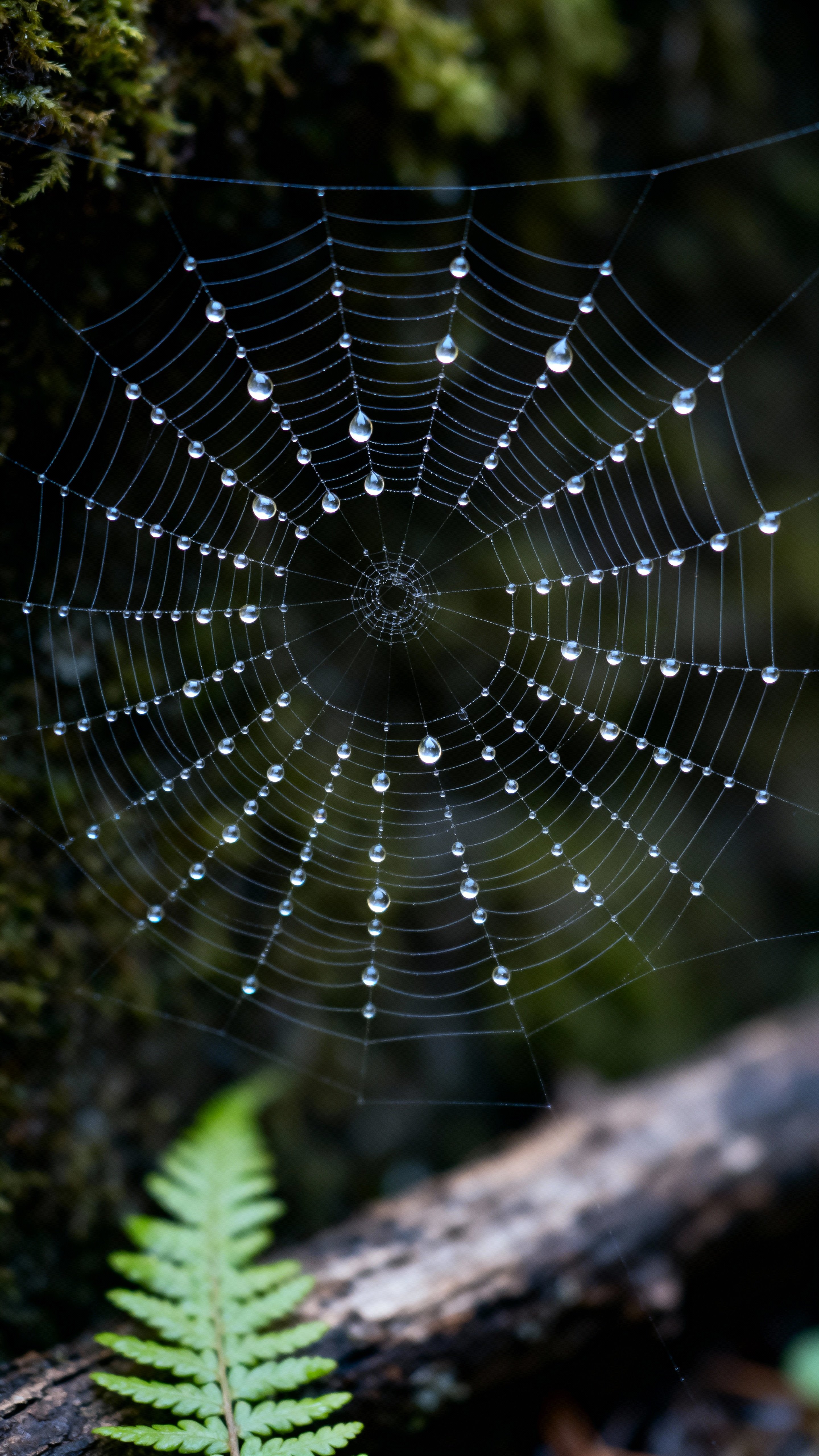 Close macro of a spiderweb strand strung with pearled dew in a dim mossy woodland hollow, focusing on one radial and its intersecting arc with crisp droplet edges, soft cool illumination, and a blurred fern and bark plane for context.