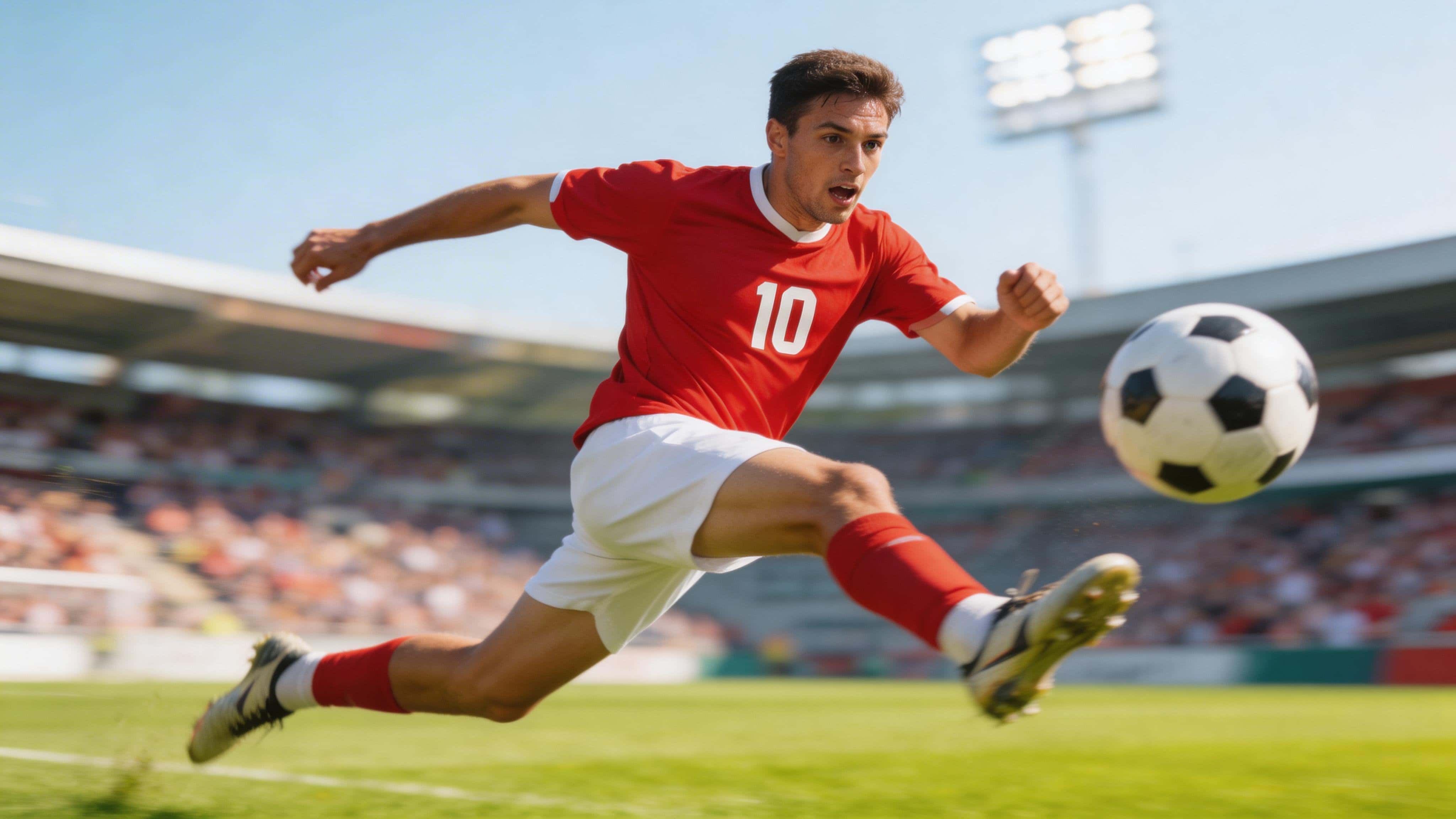 A wide 16:9 sports action photograph capturing an athlete mid-motion on a stadium field, with tight dynamic framing, motion blur, and vivid color contrast.