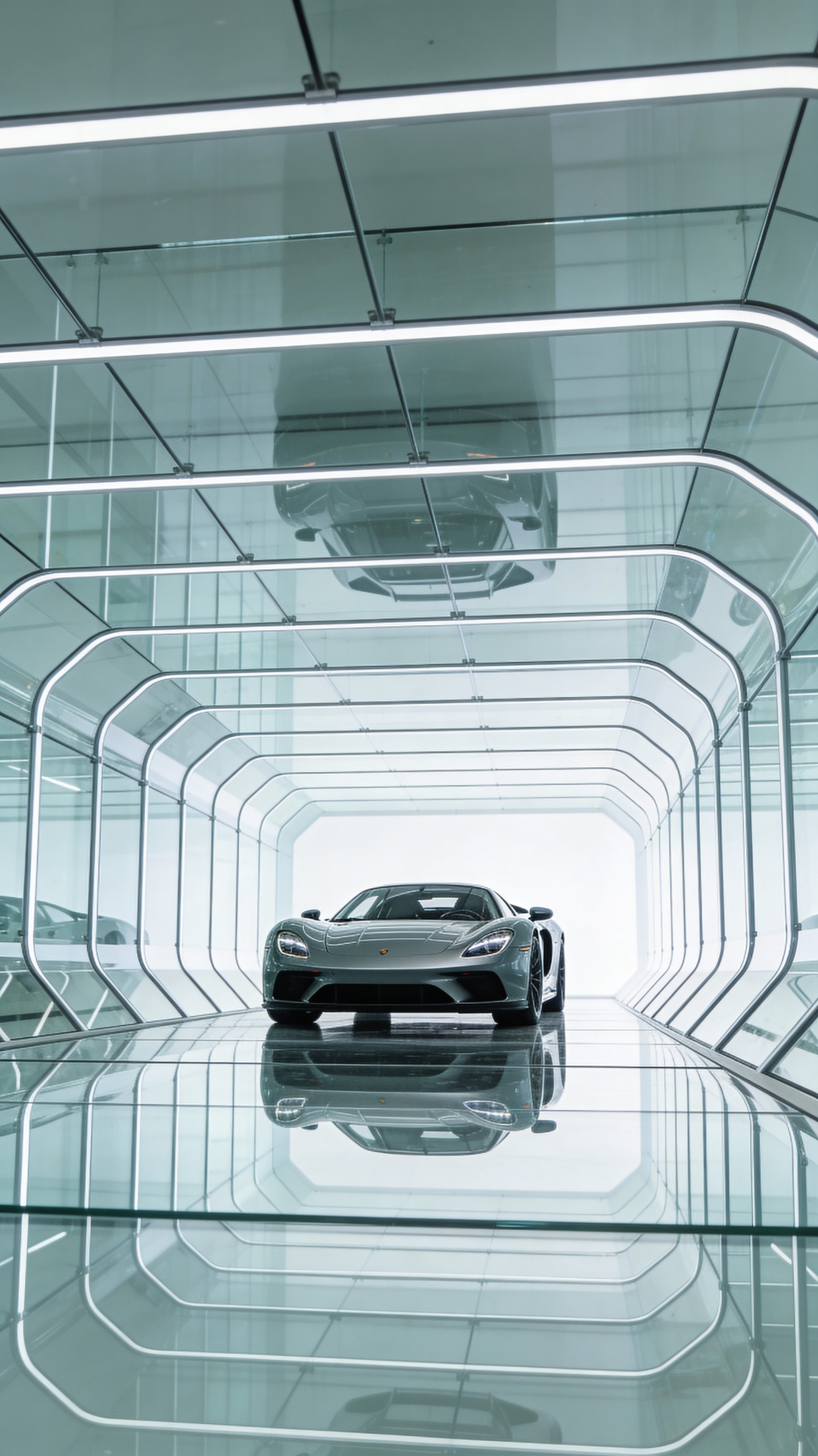 A vertical 9:16 high-end automotive studio scene showing a sports car centered inside a transparent layered glass tunnel with mirror-like floor reflections and soft diffused light.