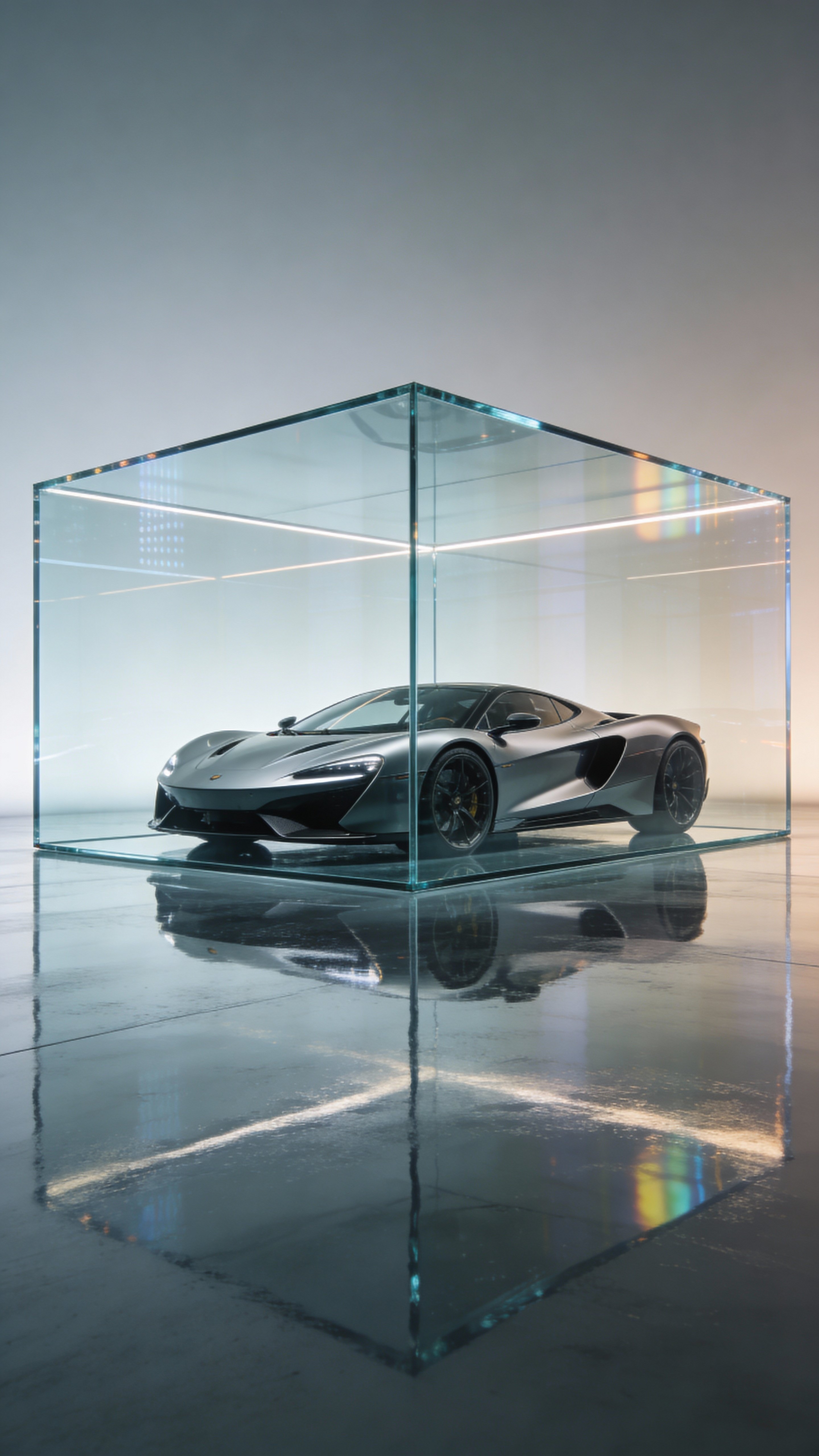 A high-performance sports car sits inside a crystal-clear glass cube with soft reflections and refractions, a clean gradient background, and a glossy reflective floor in a futuristic luxury CGI scene.
