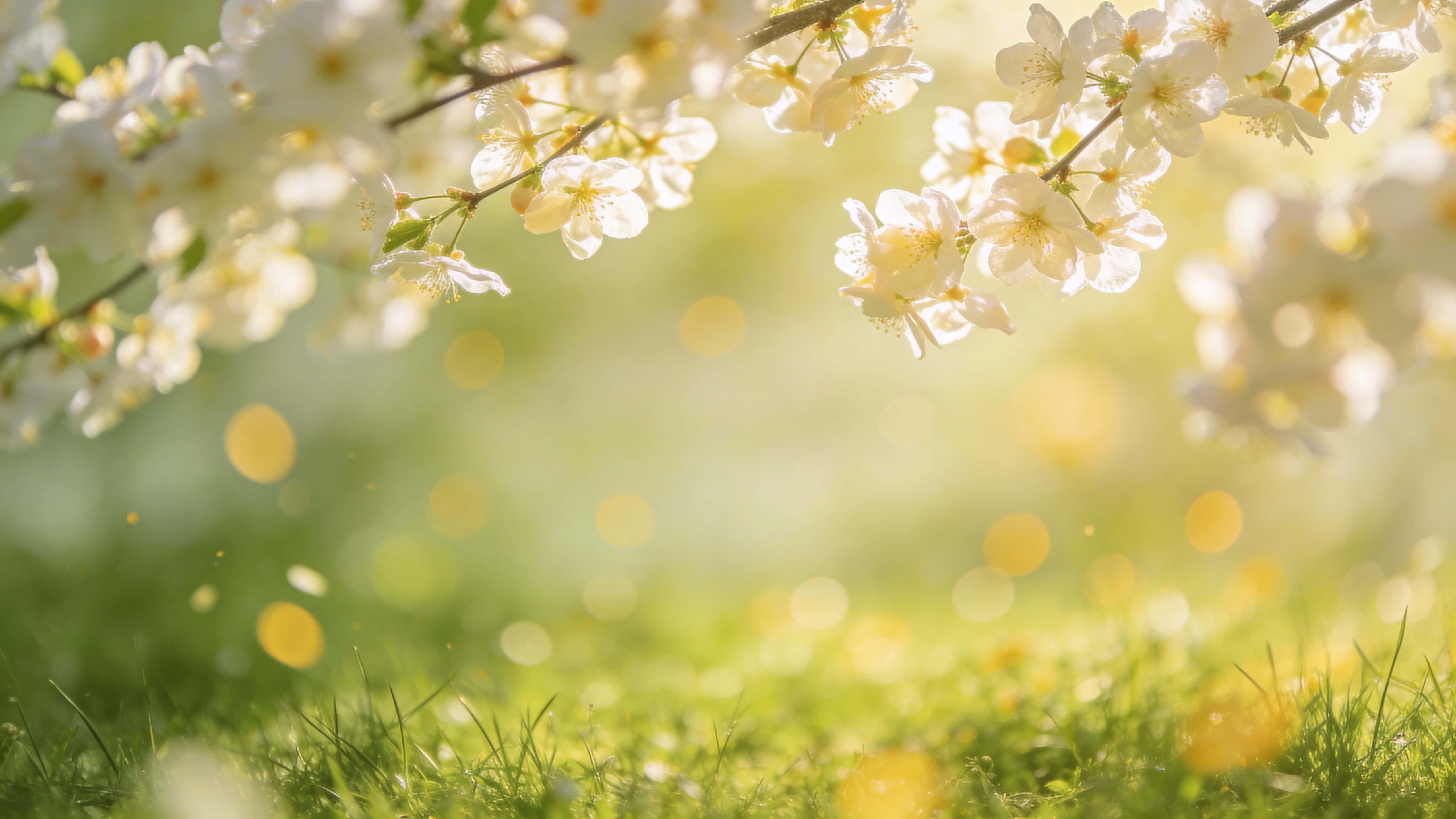 A romantic springtime floral background with translucent petals and blooming branches framing the upper half of a 16:9 canvas, diffused glowing light, green-meadow and creamy-yellow bokeh, and generous central space.