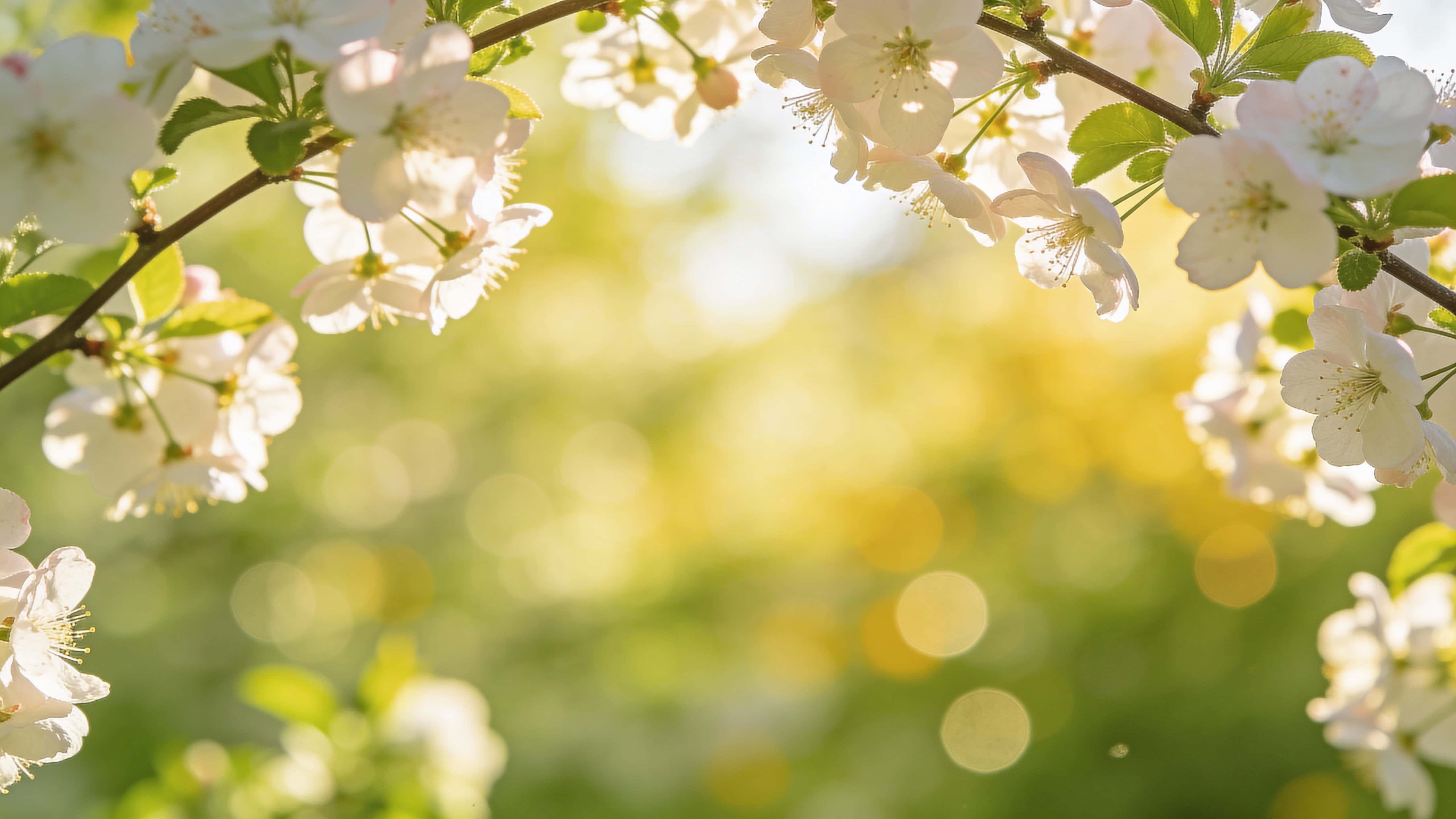 A dreamy spring garden background with flowering branches arching inward from the upper edges, airy pale blossoms, a luminous green-yellow bokeh wash, soft sunlight, and a clean central area for text.