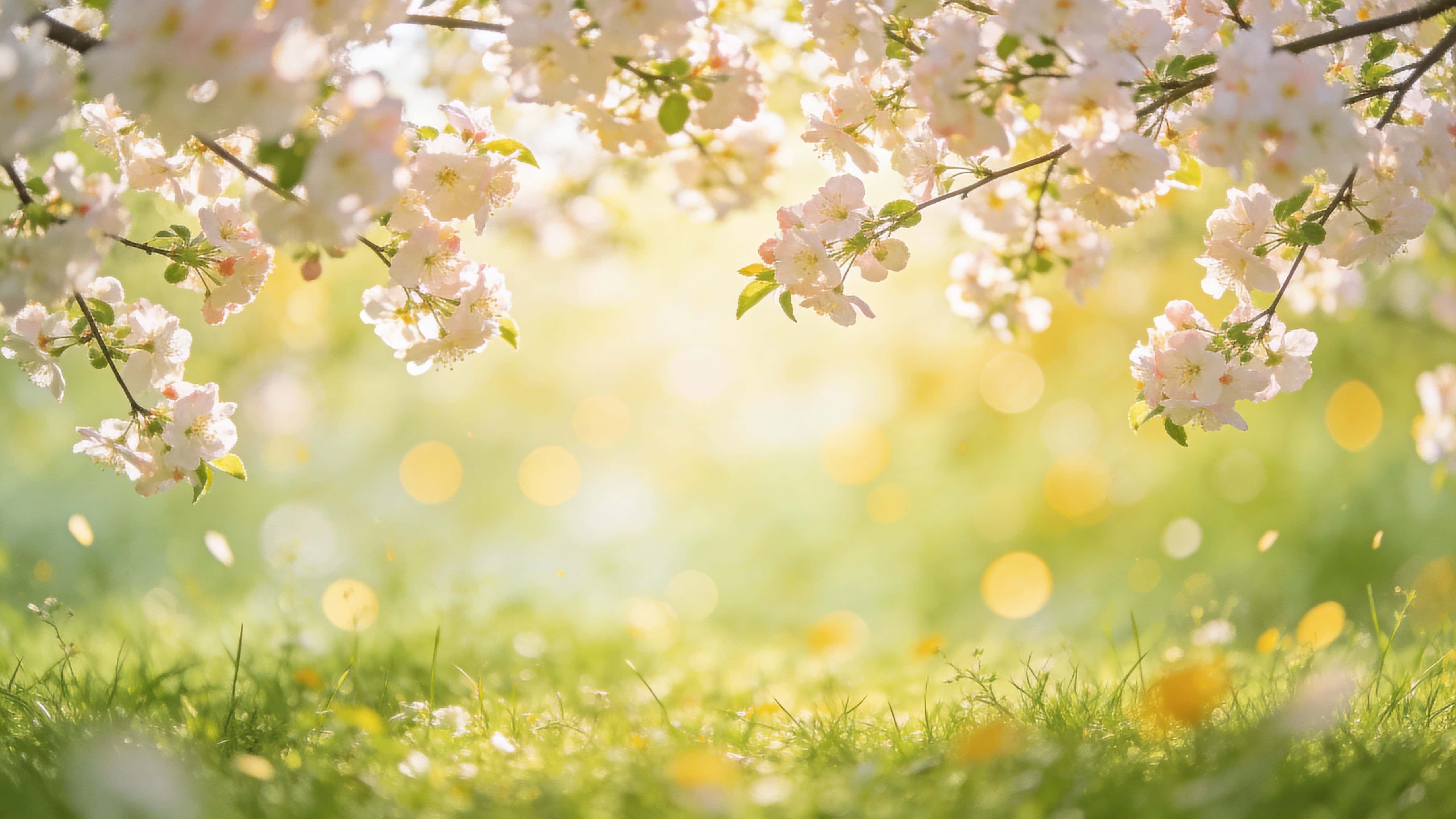 A calm, cheerful 16:9 springtime floral background with blooming branches framing the top, soft translucent petals over a green meadow and creamy yellow bokeh-filled center.
