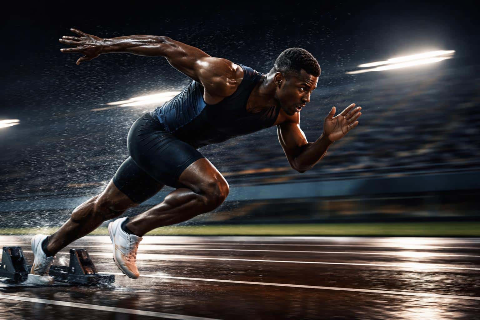 Wide 3:2 night sports photo of a late-20s sprinter exploding from the blocks on a wet track, low side knee-height angle with panned motion blur keeping face and torso sharp.