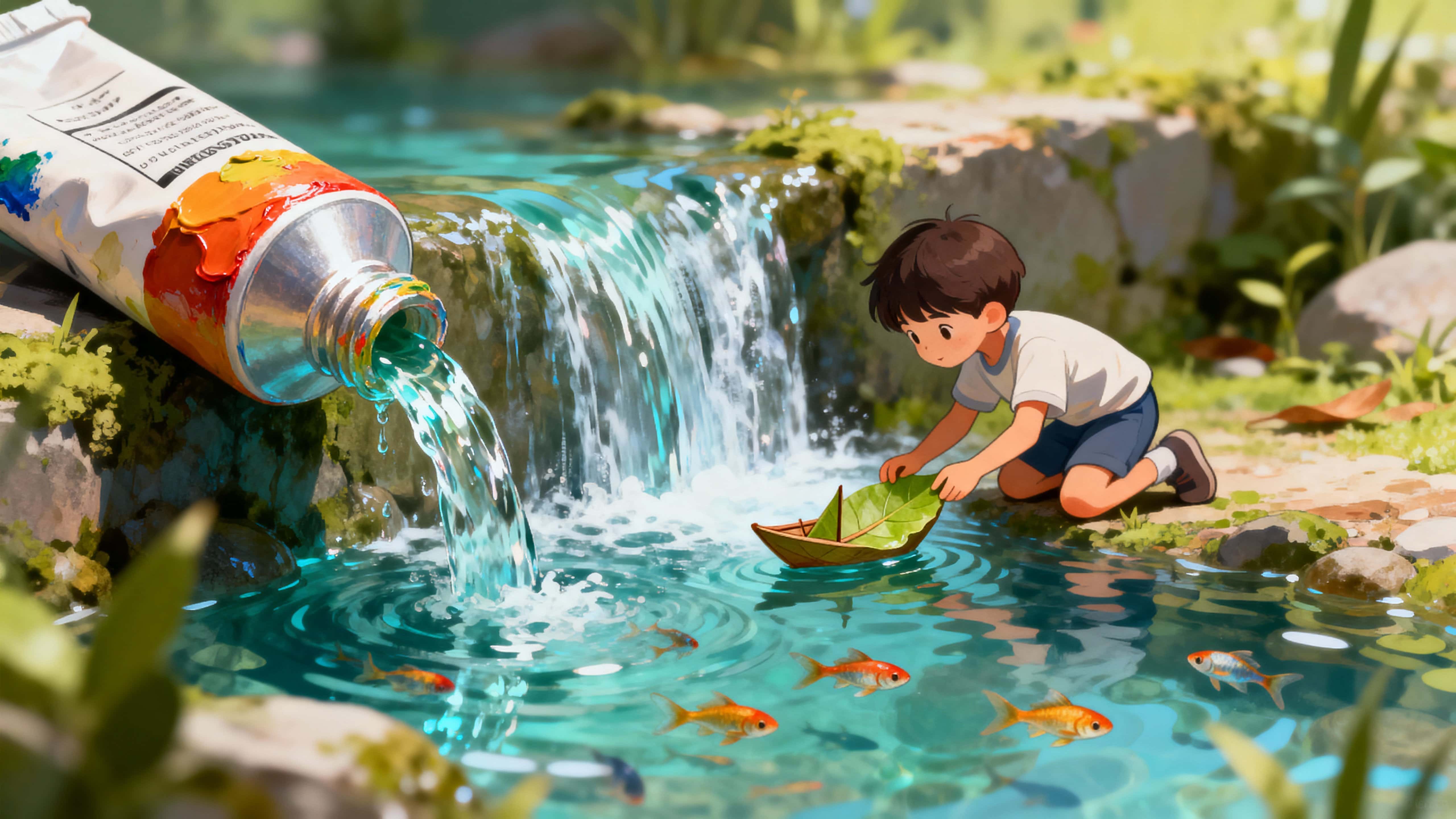 A squeezed paint tube spills a clear stream that becomes a miniature waterfall with tiny fish, while a small child gently places a leaf boat atop the cascading water.
