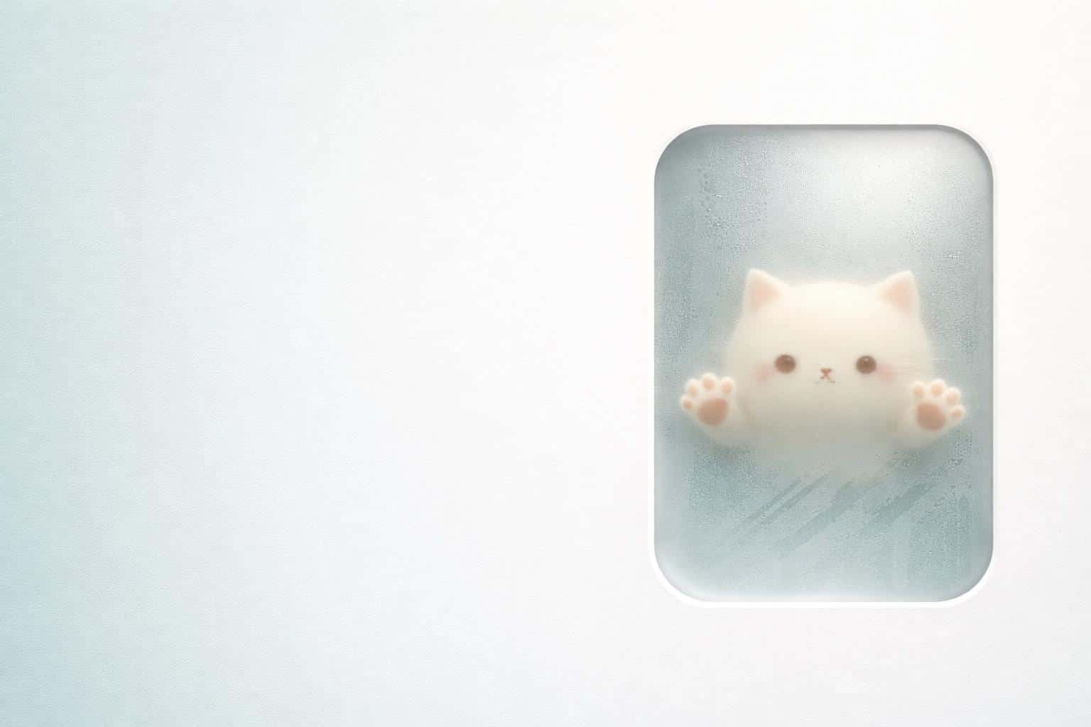 Minimal 3:2 desktop wallpaper with a pale-teal to near-white misty gradient, a rounded rectangular cutout revealing frosted glass, and a softly squished cream cat behind it.