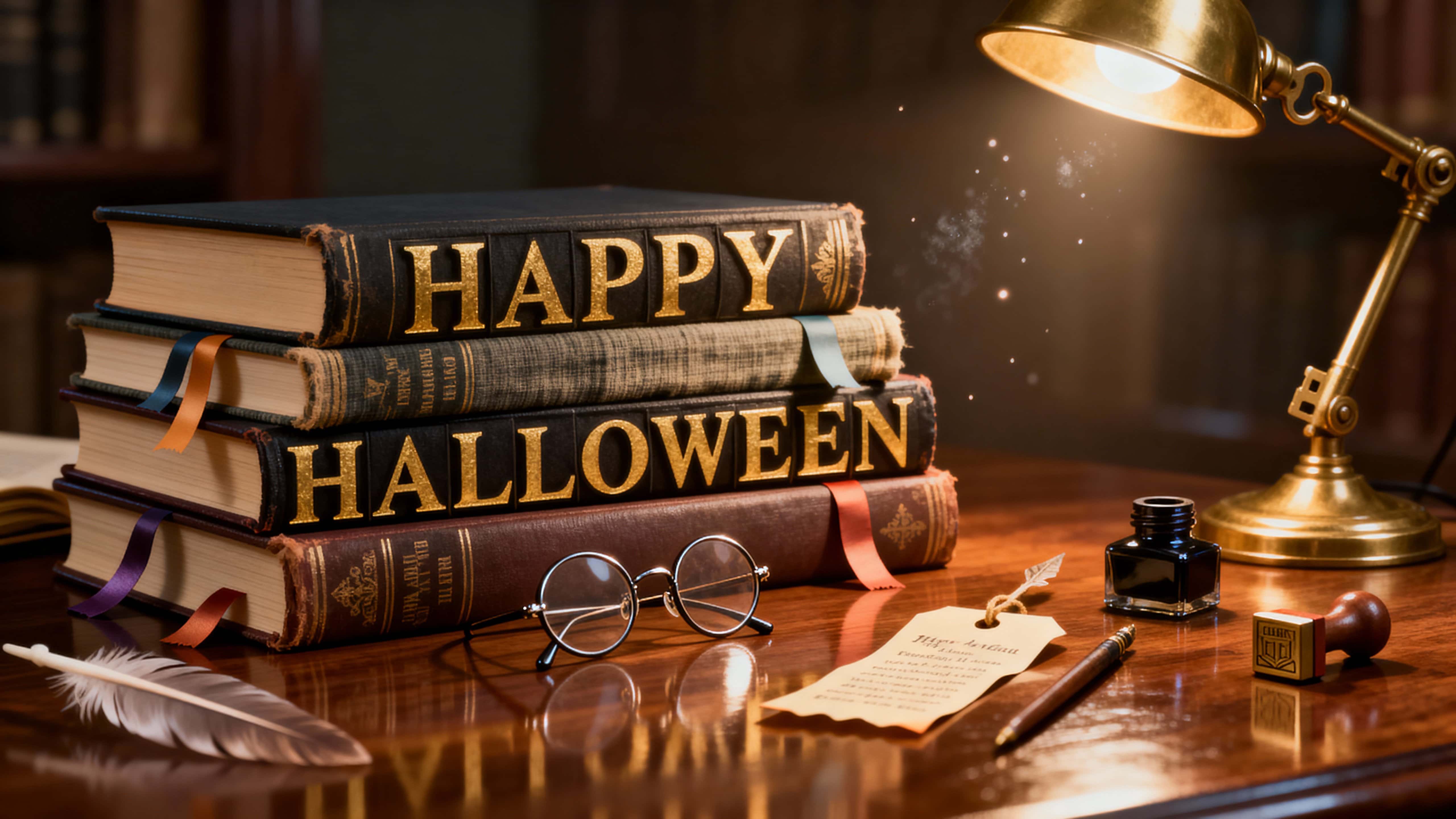 Photoreal 16:9 render of “HAPPY HALLOWEEN” formed from stacked book spines with gilt antique-gold lettering, oxblood ribbons and deep-forest cloth on warm-walnut wood, with wire-rim glasses, quill, tiny stamp, warm-brass lamp and subtle-dt;