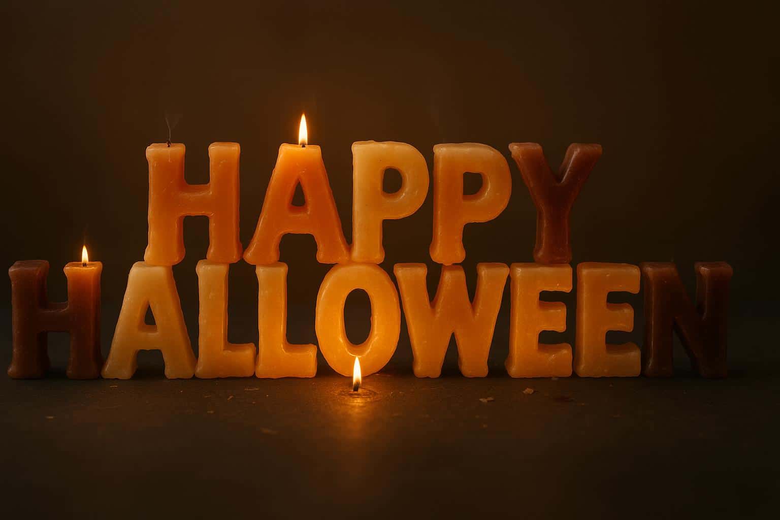 Photoreal 3D render of candle segments melted into letters that form "HAPPY HALLOWEEN" with pooled wax halos, smoldering wicks, and a warm autumn glow on charcoal tabletop.