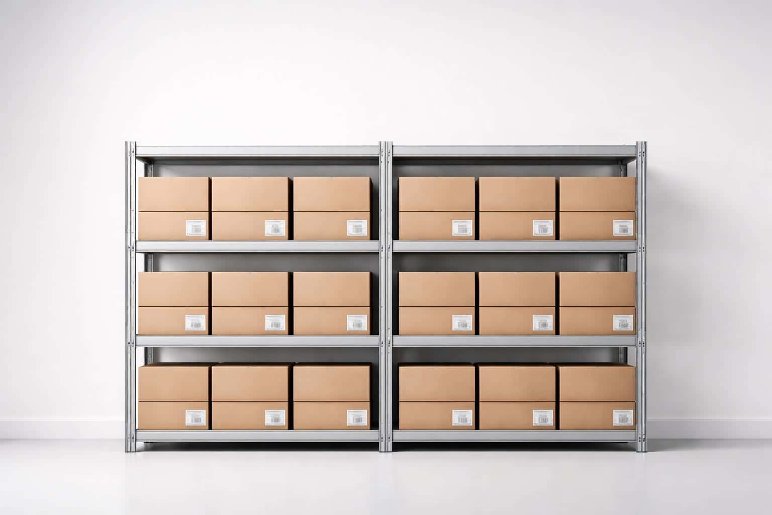 Symmetrical stacked inventory shelves photographed as a clean product-style composition for a 3:2 background or poster, emphasizing order, texture, and neutral lighting.