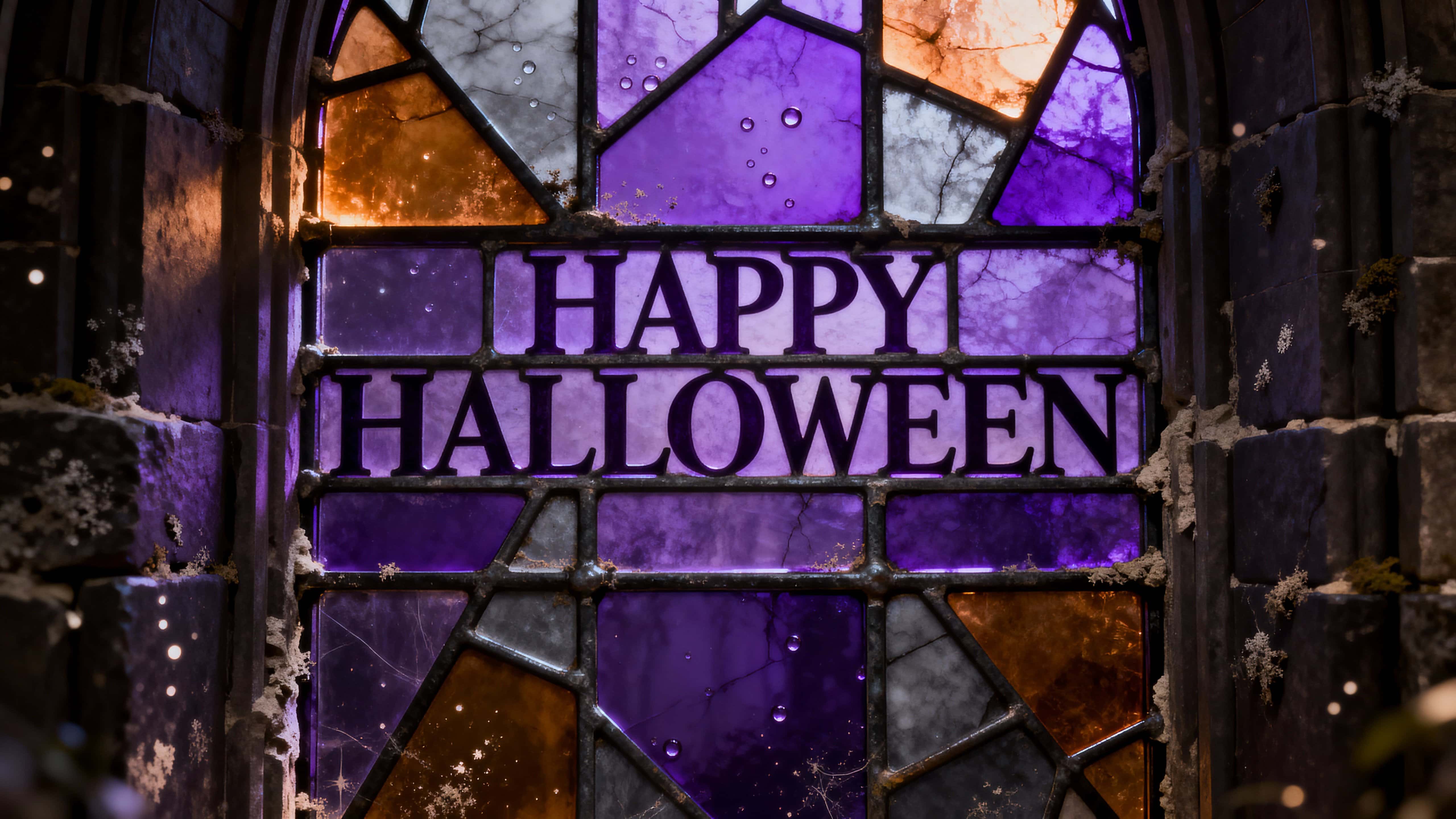 Full-frame stained-glass panel reading "HAPPY HALLOWEEN" in lead came, backlit to transmit amber, smoke-gray, and violet shards with tiny bubbles and a dark masonry surround.