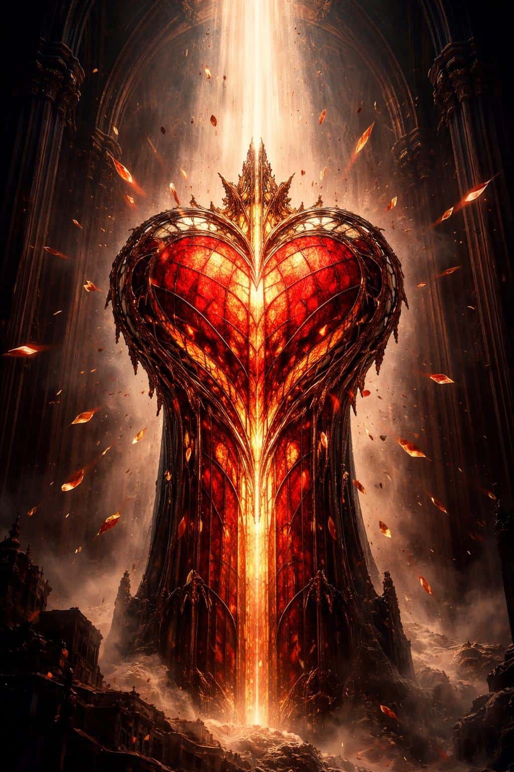 A towering gothic stained-glass heart monument in a 2:3 vertical frame, red and gold panes glowing within a shaft of divine light as glass shards orbit in darkness.