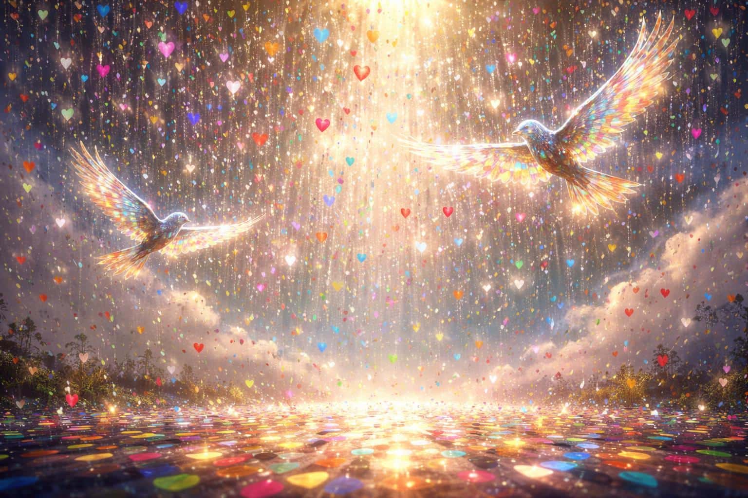 A wide 3:2 landscape of thousands of heart-shaped stained-glass shards falling through sunlit mist as two translucent glass birds refract golden, kaleidoscopic light.