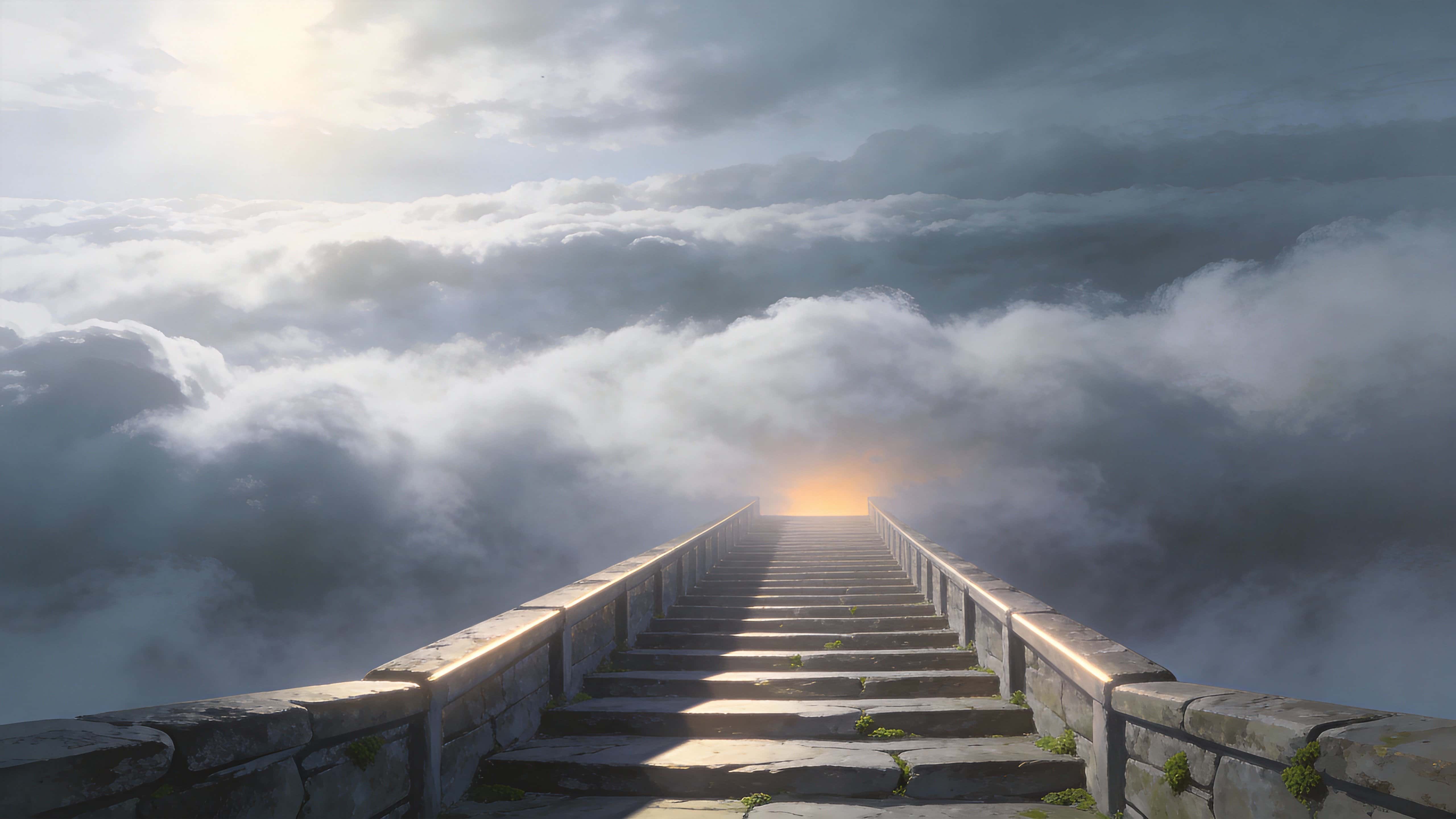 A surreal digital painting of a worn stone staircase ascending into layered clouds, framed for a 16:9 cinematic wallpaper with clear foreground, midground, and sky.