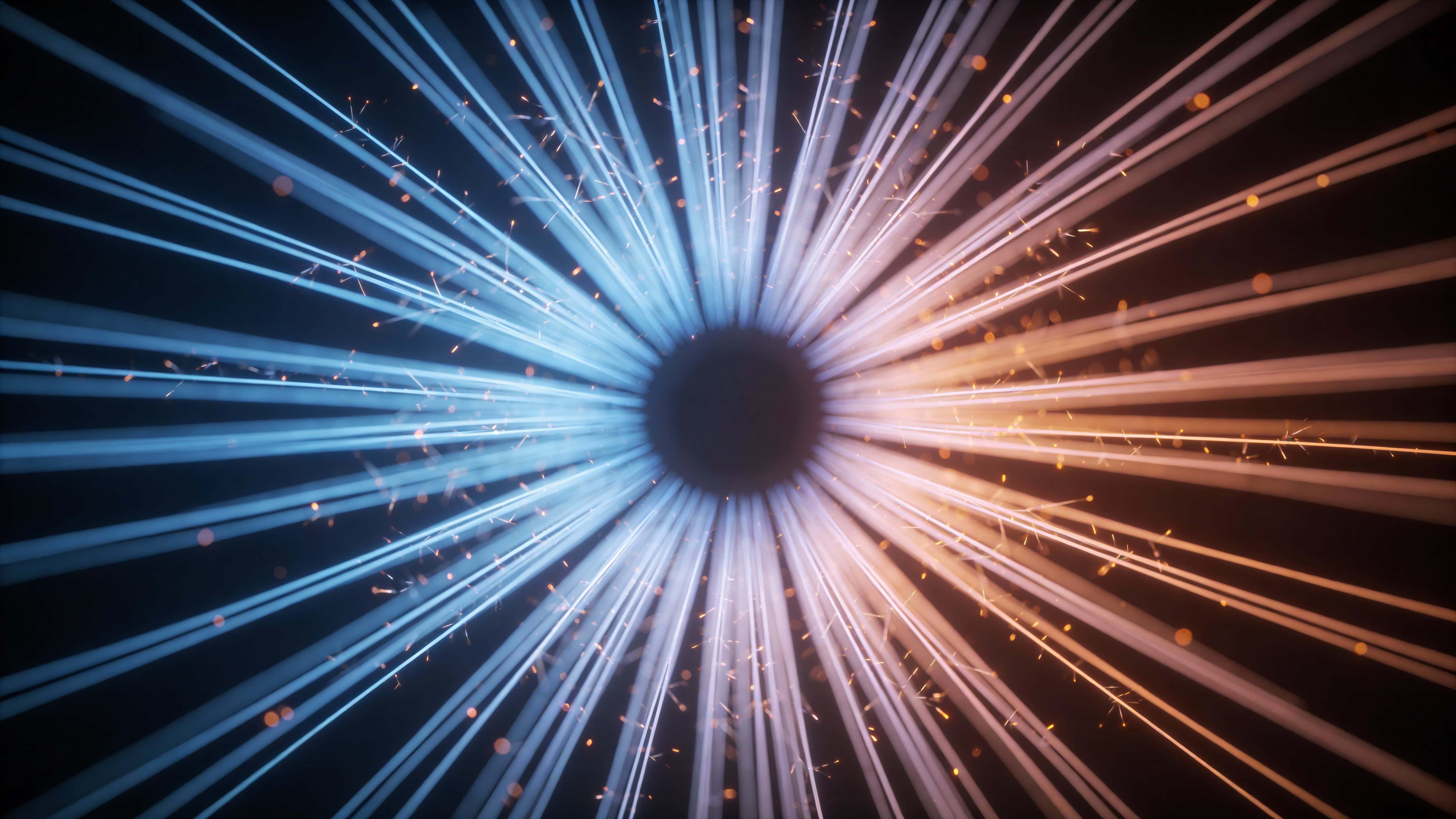 A symmetrical starburst energy bloom with a dark recessed core and long thin filaments radiating in alternating cool and warm bands, tiny sparks thinning toward the tips.